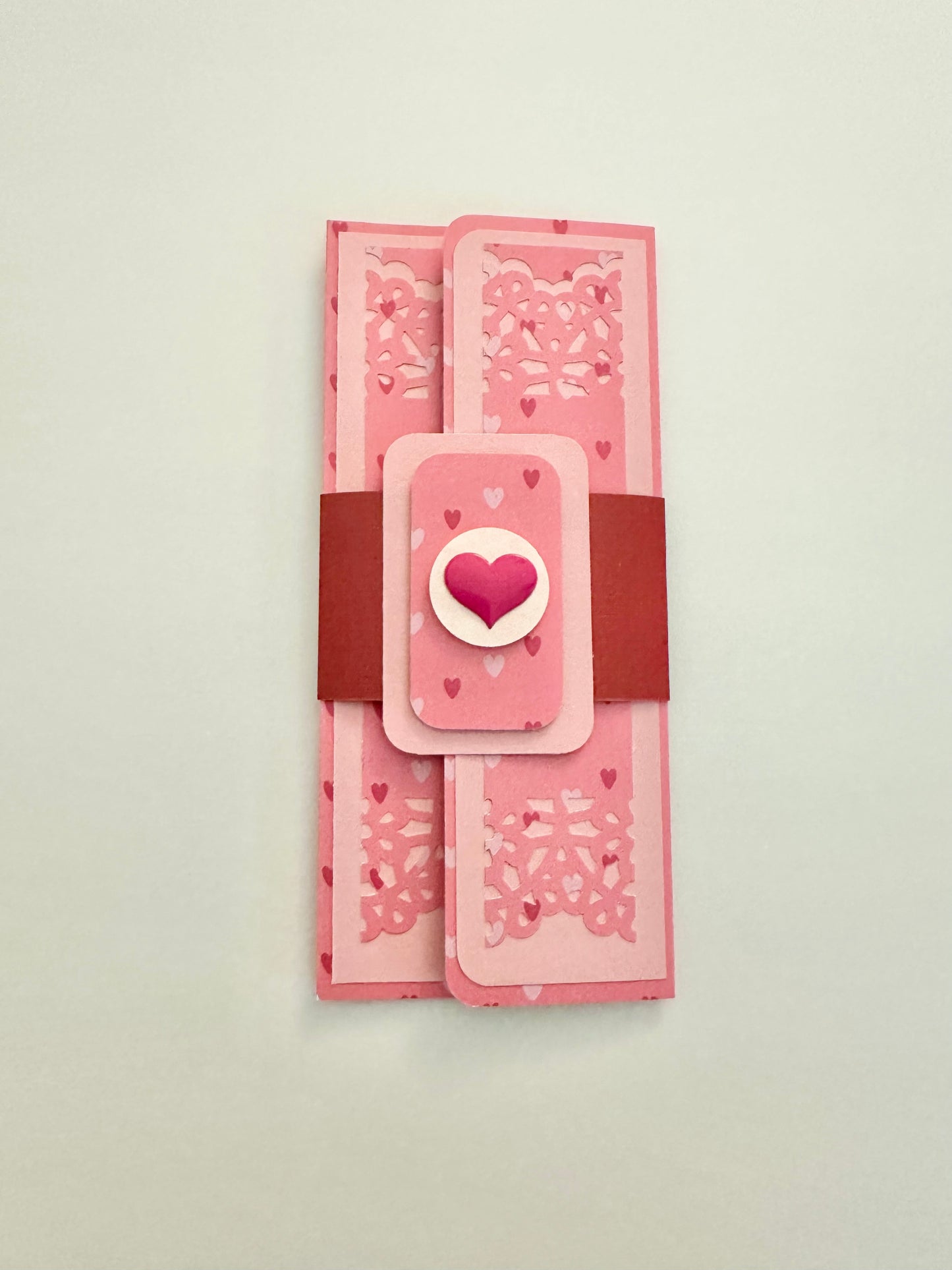 Handmade Light Pink Gift Envelope with Heart Pattern Belly Band – Fits Cash, Gift Certificates & Checks