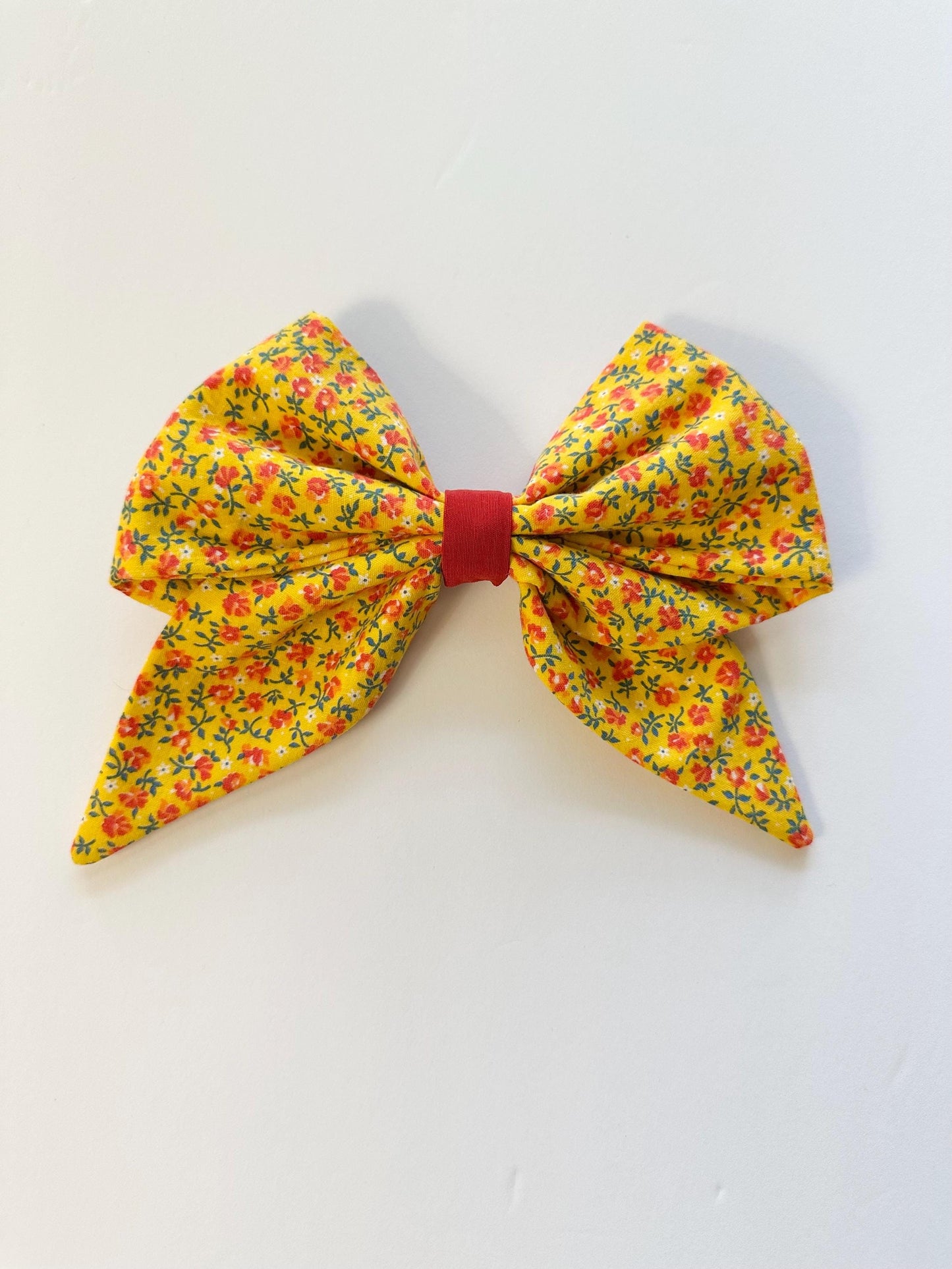 Yellow 8 inch Cotton Floral Print Hair Bow with Tails - Alligator Clip Attachment