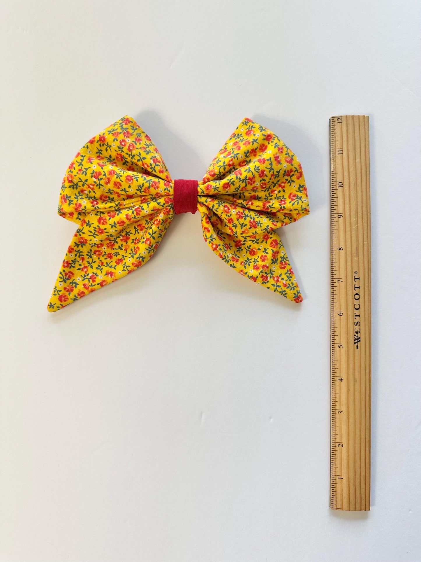 Yellow 8 inch Cotton Floral Print Hair Bow with Tails - Alligator Clip Attachment