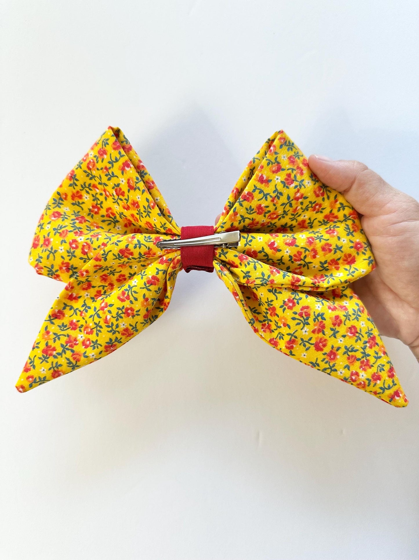 Yellow 8 inch Cotton Floral Print Hair Bow with Tails - Alligator Clip Attachment