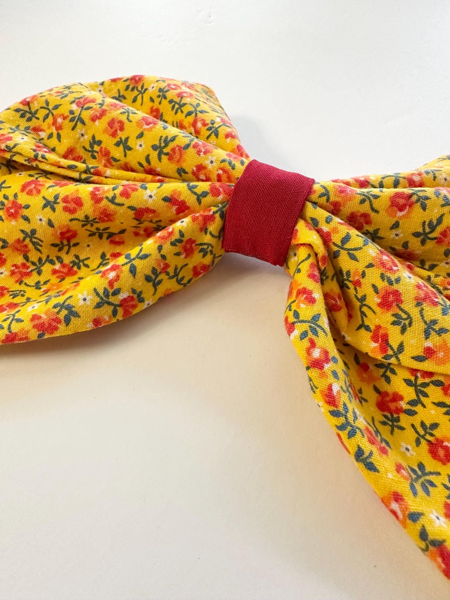 Yellow 8 inch Cotton Floral Print Hair Bow with Tails - Alligator Clip Attachment