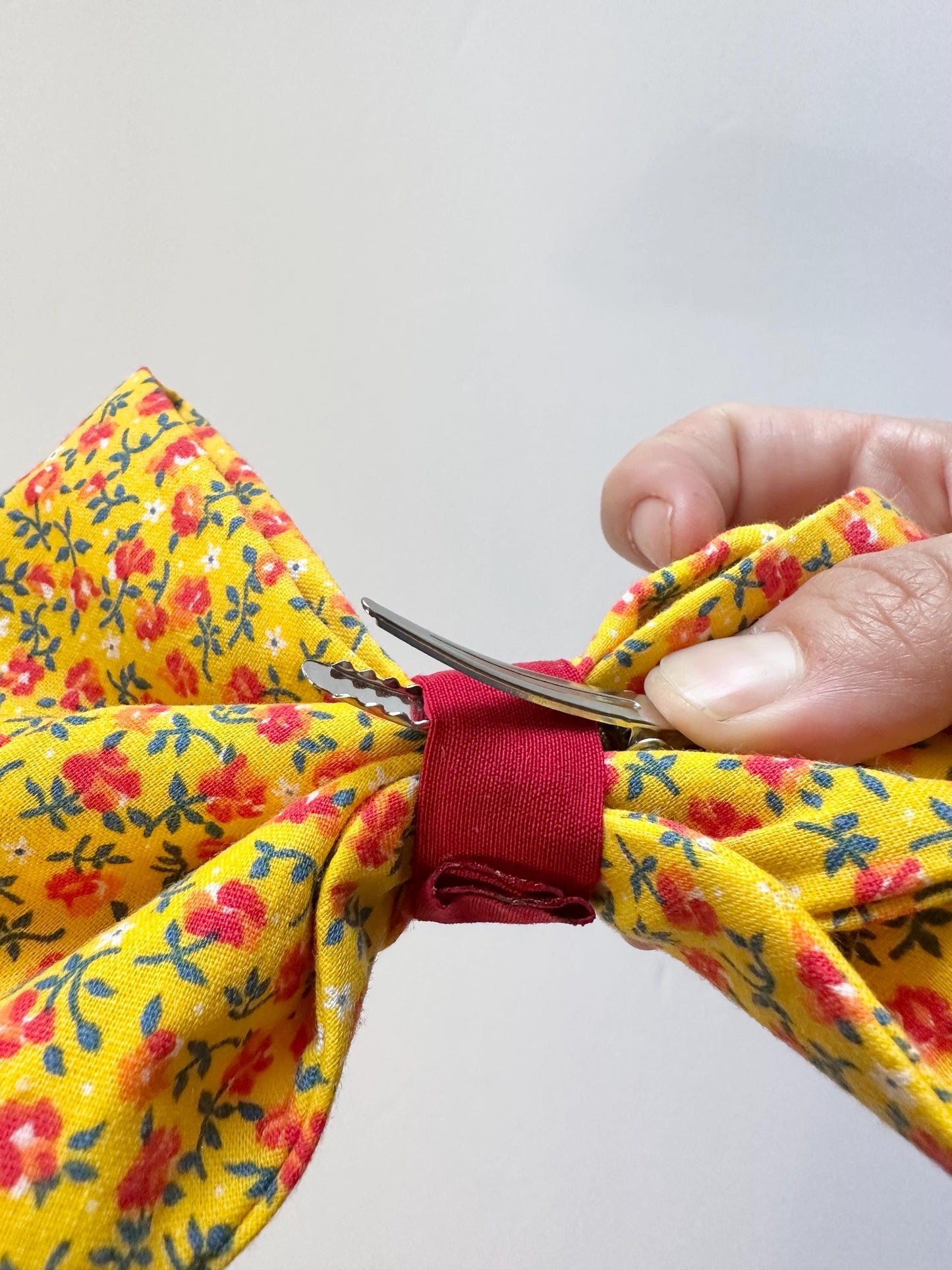 Yellow 8 inch Cotton Floral Print Hair Bow with Tails - Alligator Clip Attachment