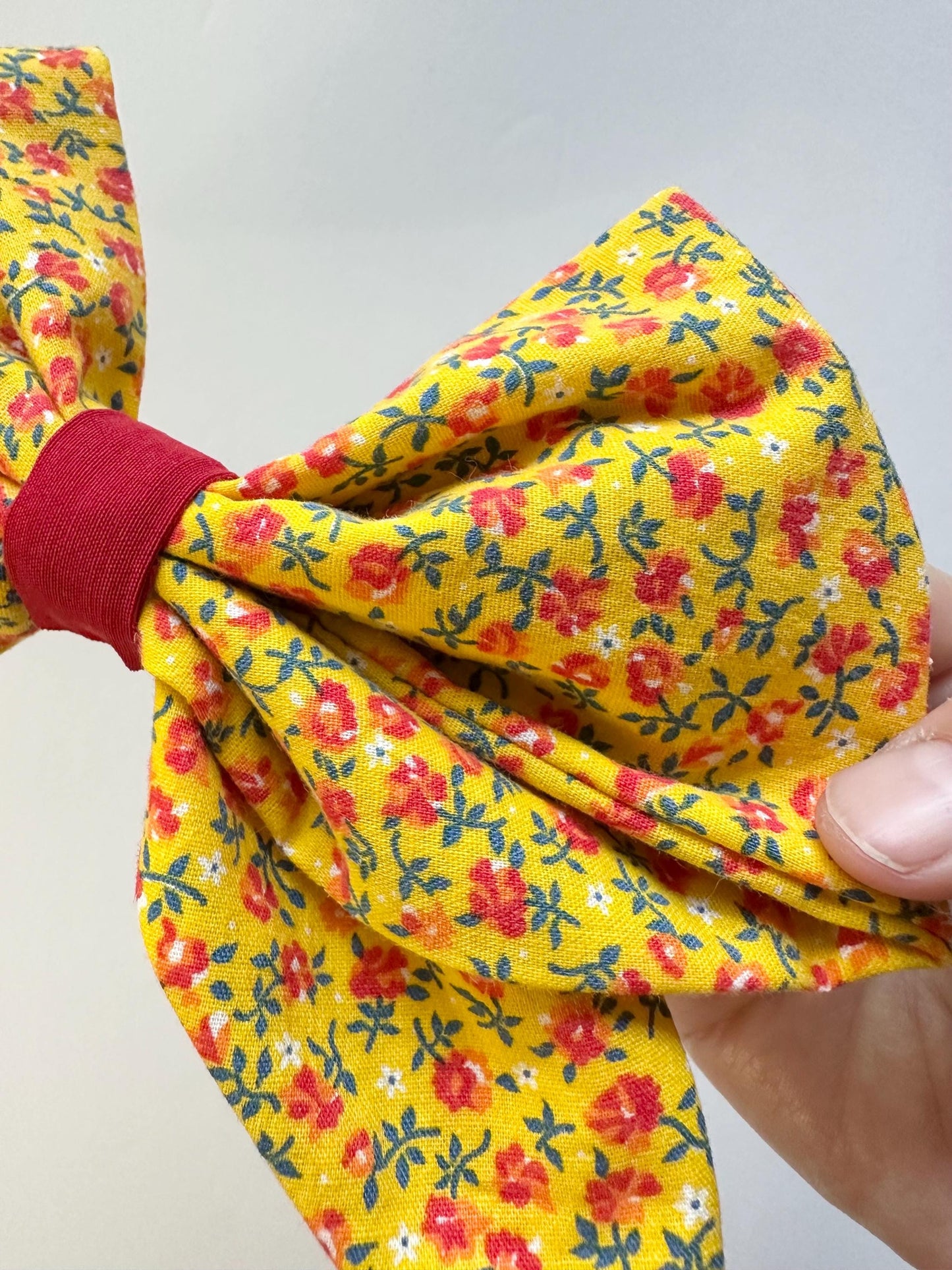 Yellow 8 inch Cotton Floral Print Hair Bow with Tails - Alligator Clip Attachment