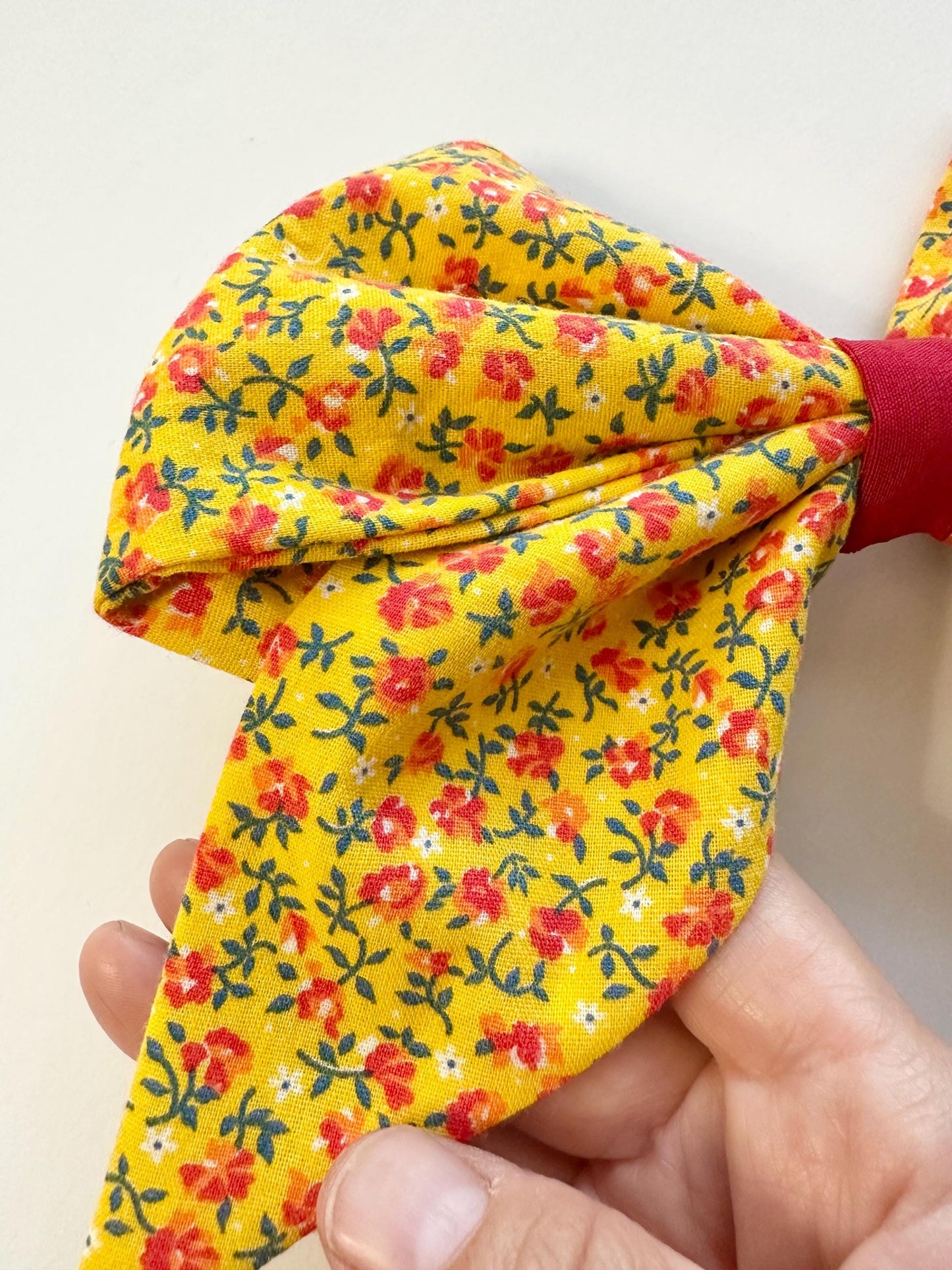 Yellow 8 inch Cotton Floral Print Hair Bow with Tails - Alligator Clip Attachment