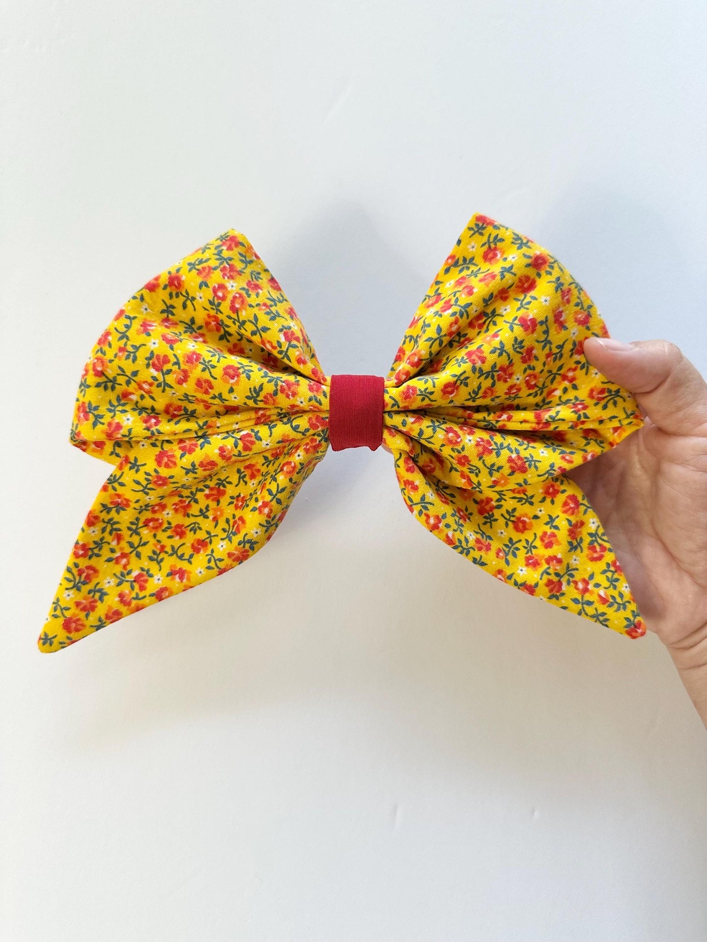 Yellow 8 inch Cotton Floral Print Hair Bow with Tails - Alligator Clip Attachment