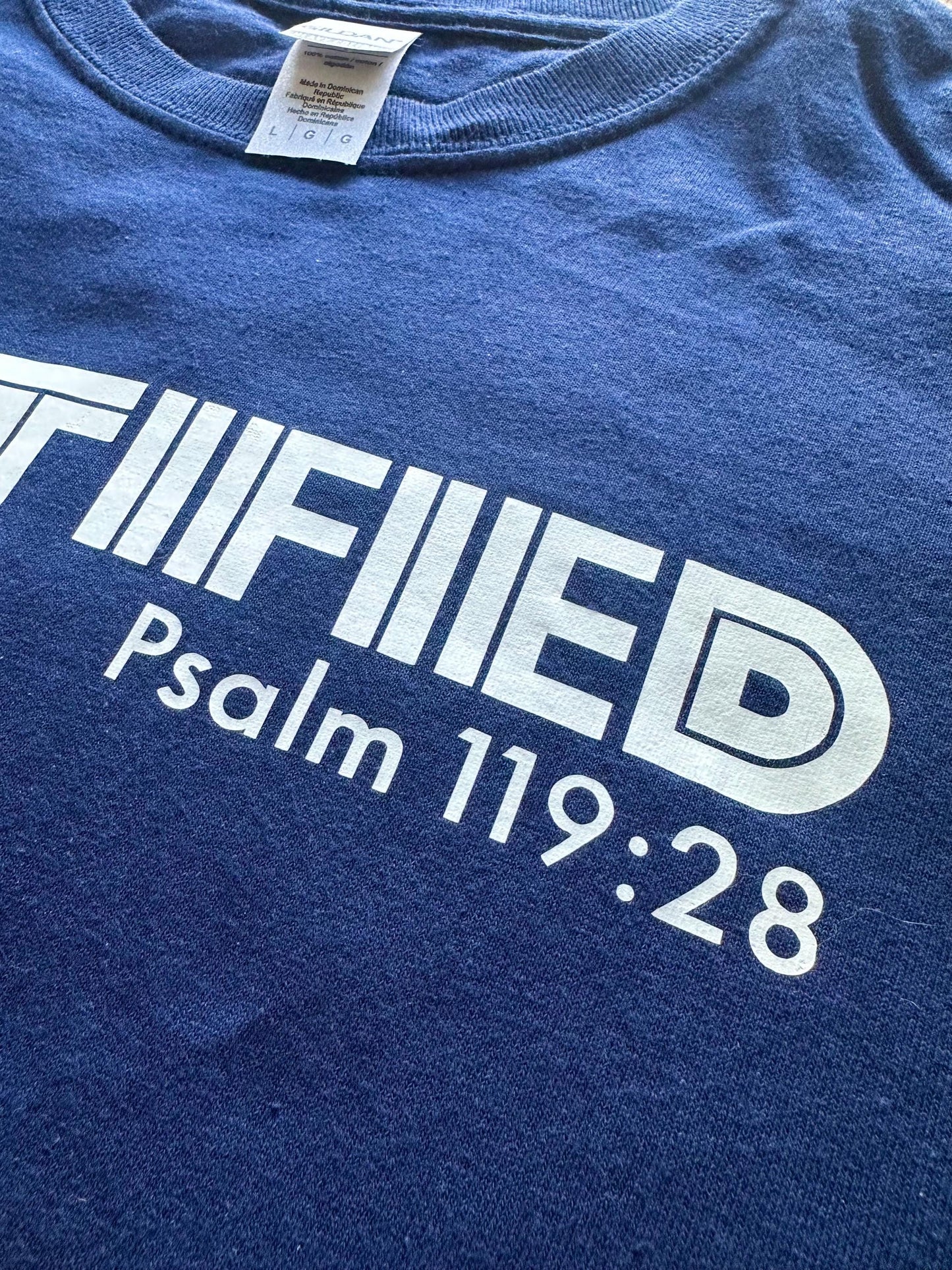 Large Navy Blue Christian T-Shirt – Faith Based Graphic Tee, Jesus Scripture Shirt for Men & Women, Fortified Line