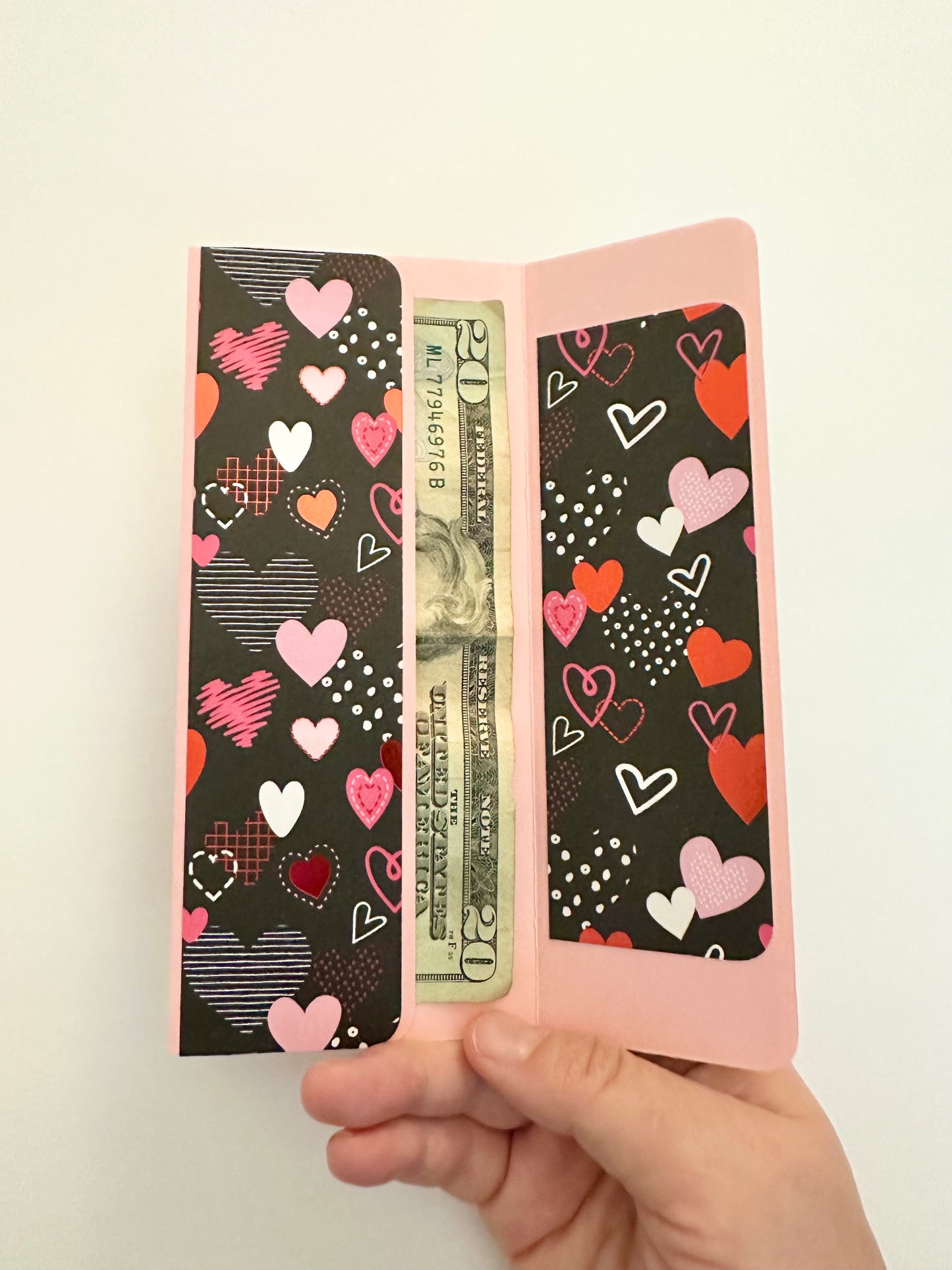 Handmade Light Pink Gift Envelope with Heart Pattern Belly Band – Fits Cash, Gift Certificates & Checks