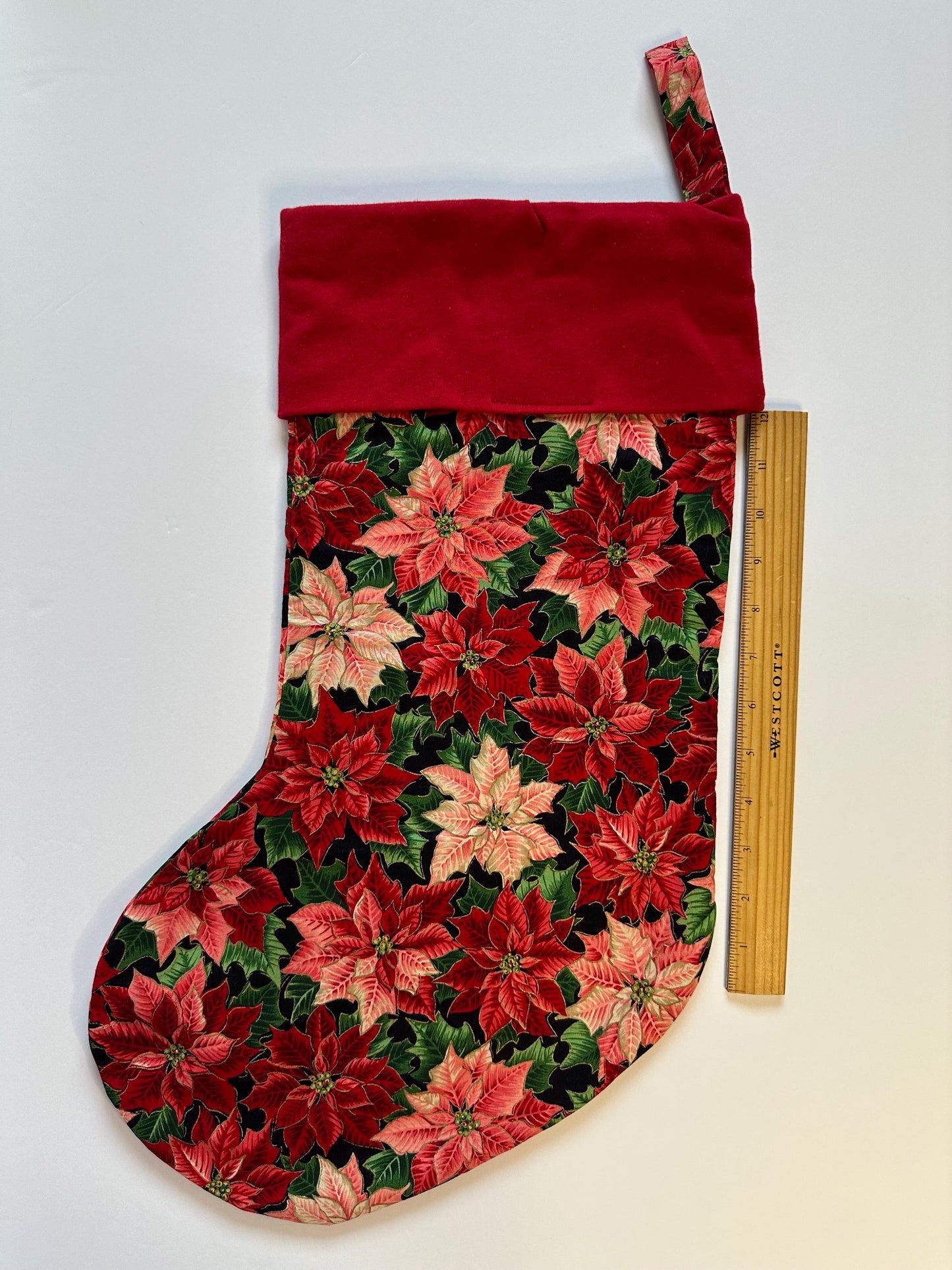 Handmade Red Poinsettia Christmas Stocking – Large, Lined & Festive Holiday Decor