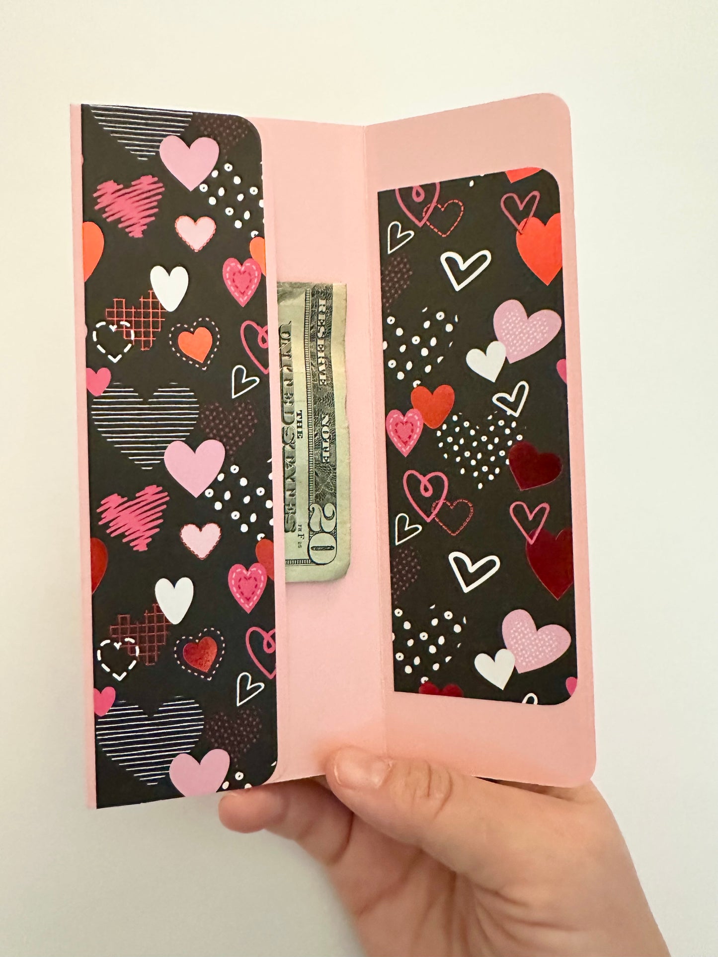 Handmade Light Pink Gift Envelope with Heart Pattern Belly Band – Fits Cash, Gift Certificates & Checks