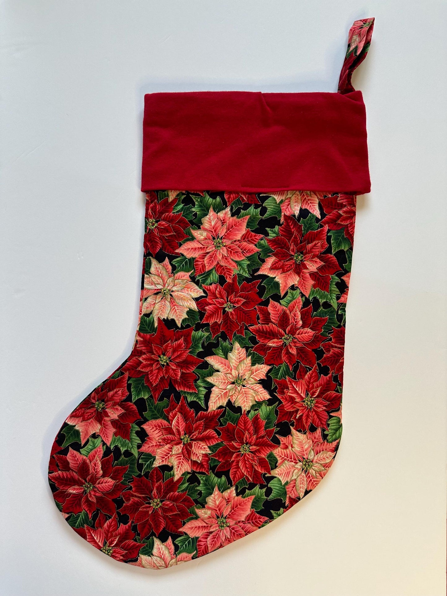Handmade Red Poinsettia Christmas Stocking – Large, Lined & Festive Holiday Decor