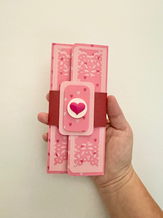 Handmade Light Pink Gift Envelope with Heart Pattern Belly Band – Fits Cash, Gift Certificates & Checks