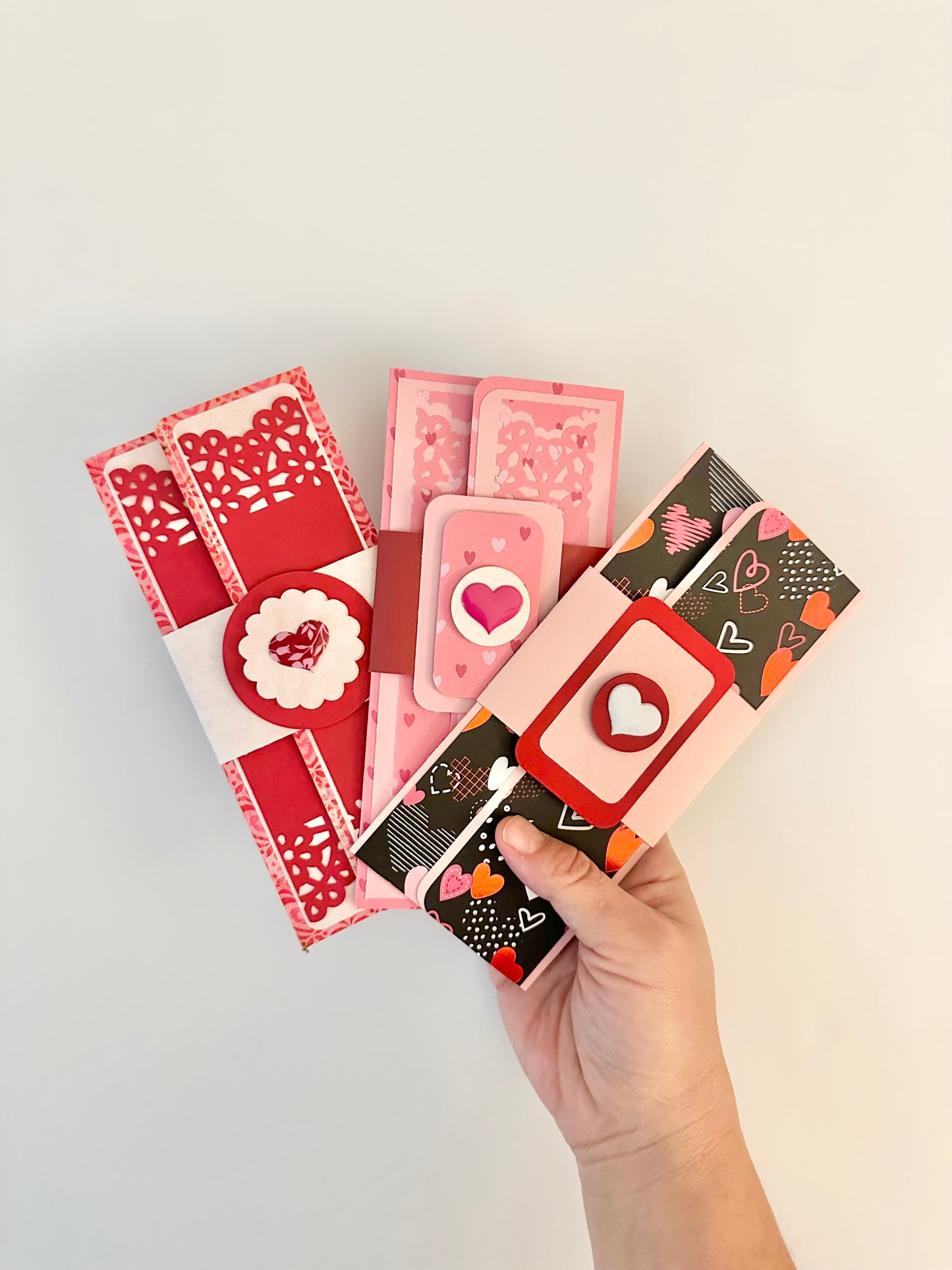 Handmade Light Pink Gift Envelope with Heart Pattern Belly Band – Fits Cash, Gift Certificates & Checks