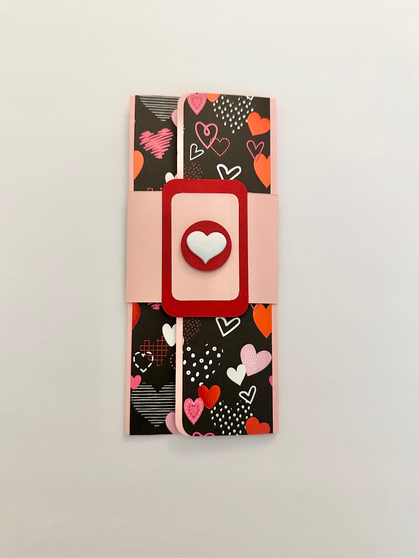 Handmade Light Pink Gift Envelope with Heart Pattern Belly Band – Fits Cash, Gift Certificates & Checks