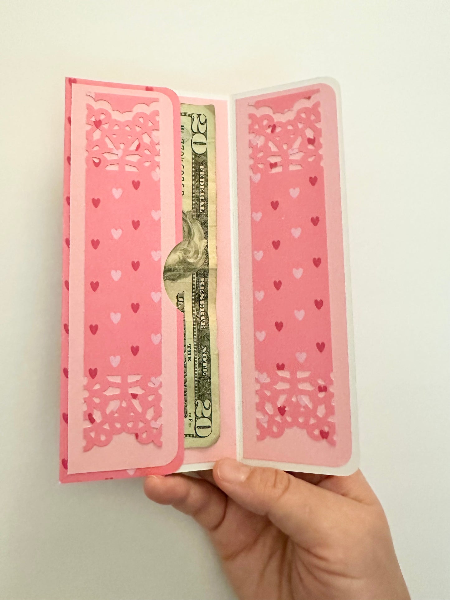 Handmade Light Pink Gift Envelope with Heart Pattern Belly Band – Fits Cash, Gift Certificates & Checks