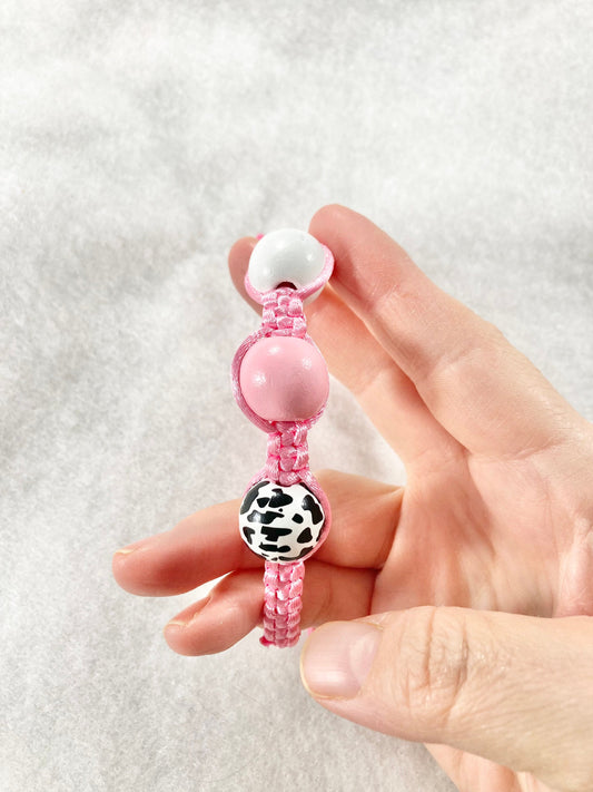 Pink Bracelet, Chunky Wooden Bead Bracelet, Pink Satin Bracelet, Pink Cow Bracelet, Cow Anklet, Nylon Bracelet