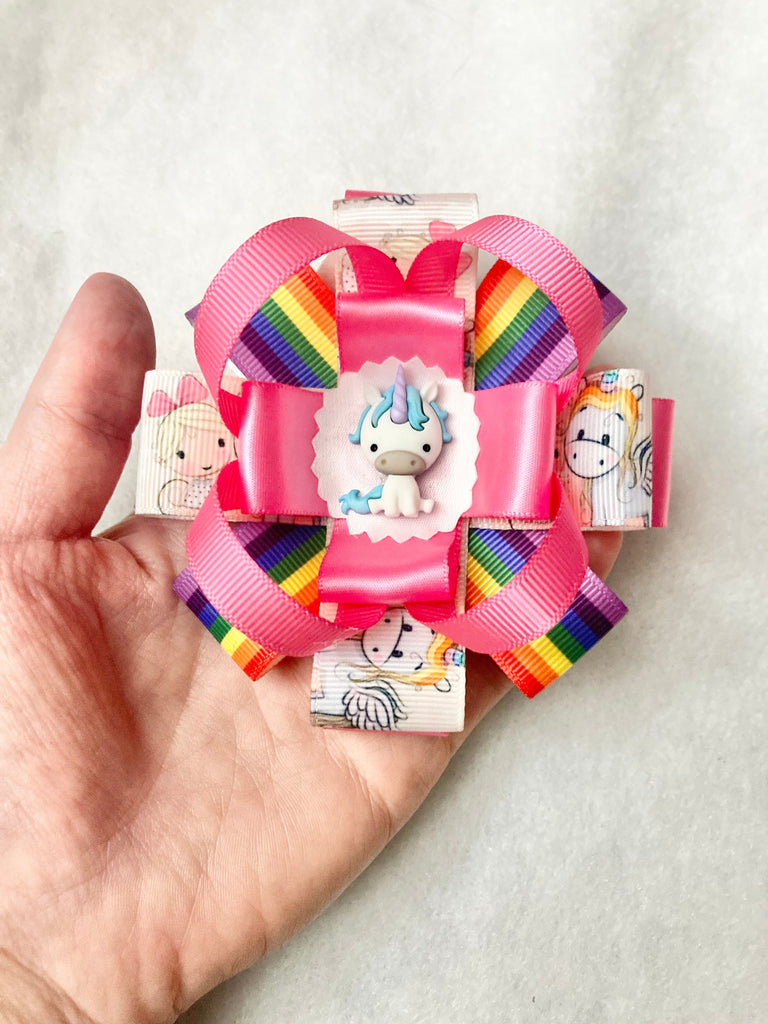Handmade Unicorn Hair Bow – Stacked Layers, Rainbow Colors & Sparkly Charm