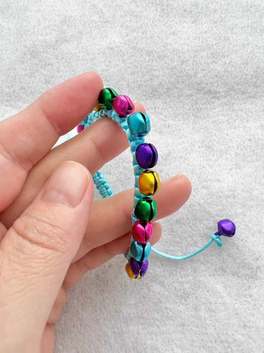 Rainbow Bell Bracelet, Blue Strand Bell Bracelet, Macrame Bell Bracelet, Braided Bracelet, Bell Jewelry, Rainbow Jewelry, Satin Bracelet