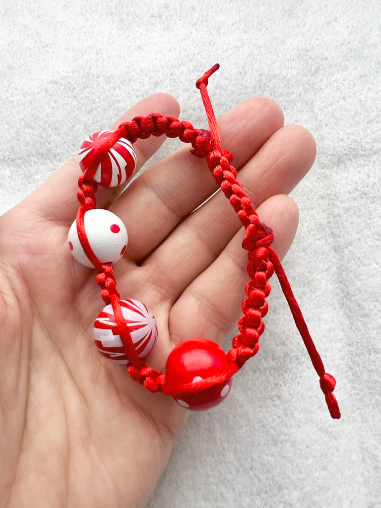 Handmade Polka Dot Red Bead Bracelet – Chunky, Candy Cane-Inspired & Adjustable