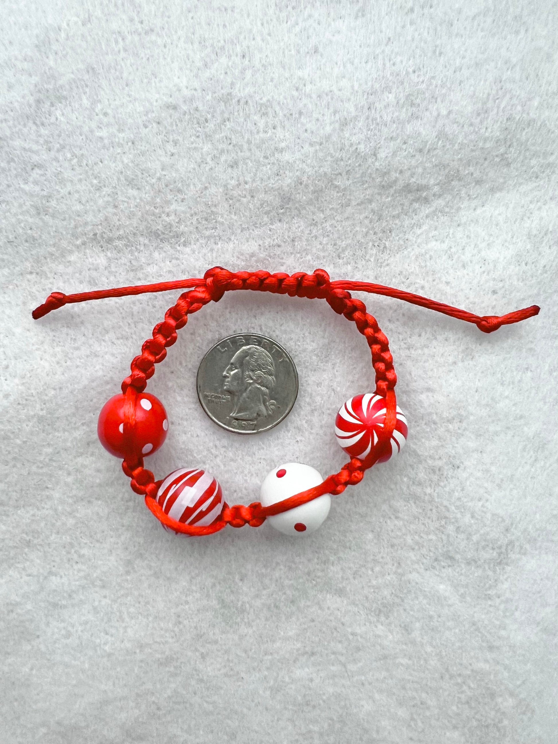 Polka Dot Red Bead Bracelet, Child Bracelet, Candy Cane Bracelet, Candy Cane Macrame Bracelet, Red and White Bracelet, Gift for Her