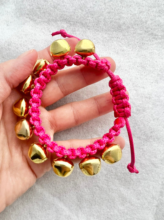 Pink Bell Bracelet, Adjustable Pink Bell Bracelet, Pink Braided Bracelet, Pink Rakhi Bracelet, Pink Macrame Bell Bracelet