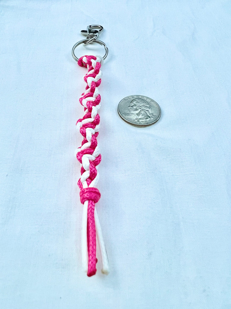 Handmade Hot Fuchsia Pink & White Braided Keychain – Macramé Woven with Silver Clasp