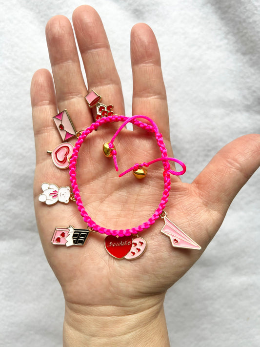 Hot Pink Braided Charm Bell Bracelet, Pink Love Charm Bracelet, Jewelry Gift for Her, Gift for Girlfriend, Daughter Gift
