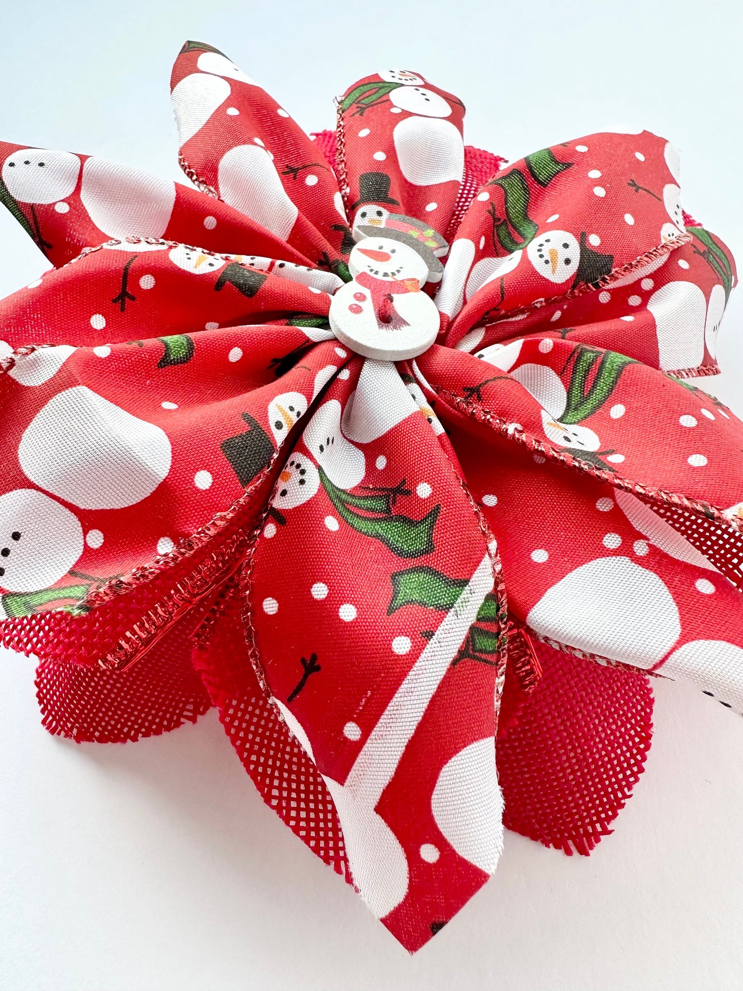 Handmade Red Snowman Hair Bow – Festive, Wired Ribbon & Christmas Charm