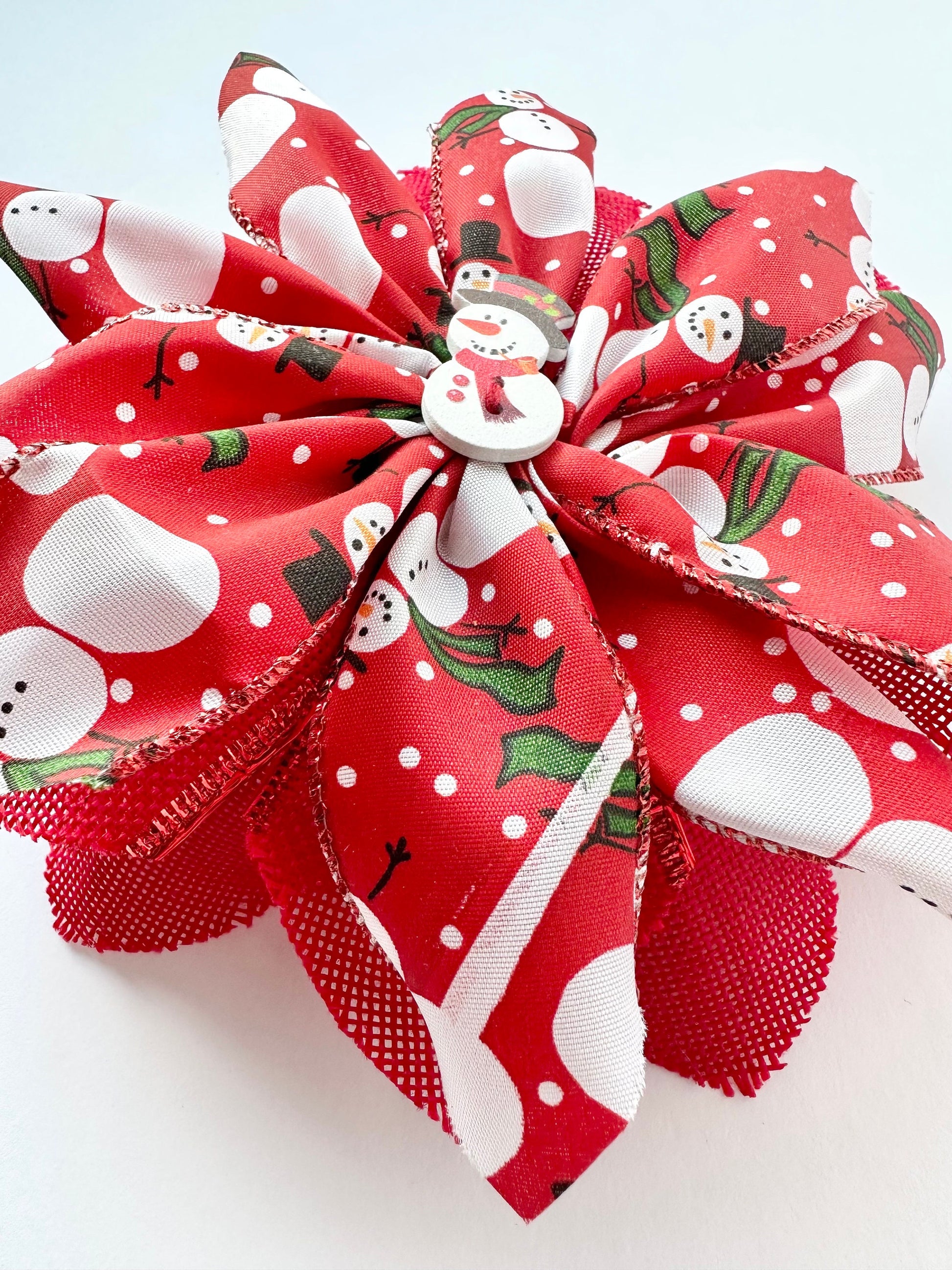 Handmade Red Snowman Hair Bow – Festive, Wired Ribbon & Christmas Charm