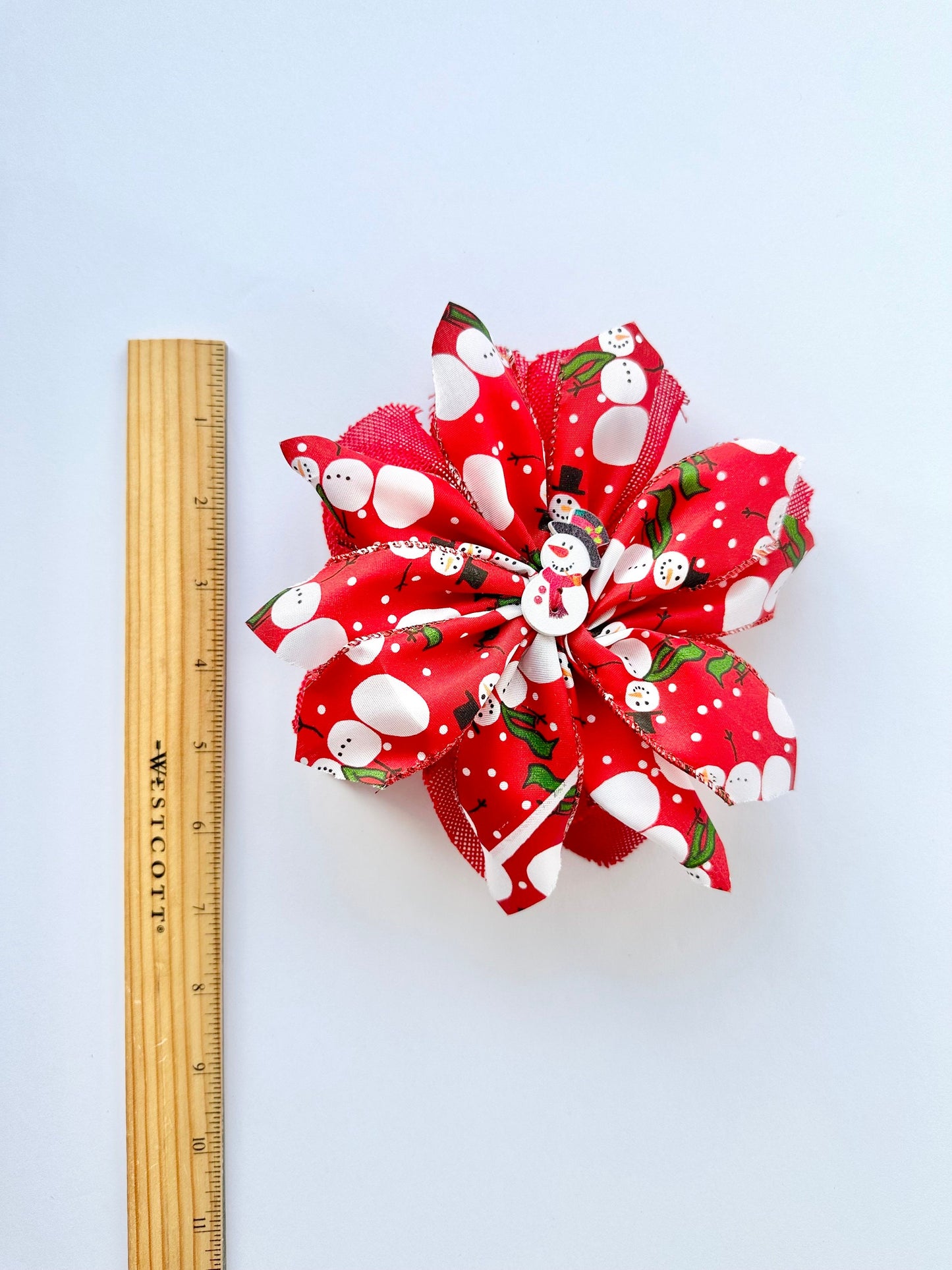 Handmade Red Snowman Hair Bow – Festive, Wired Ribbon & Christmas Charm