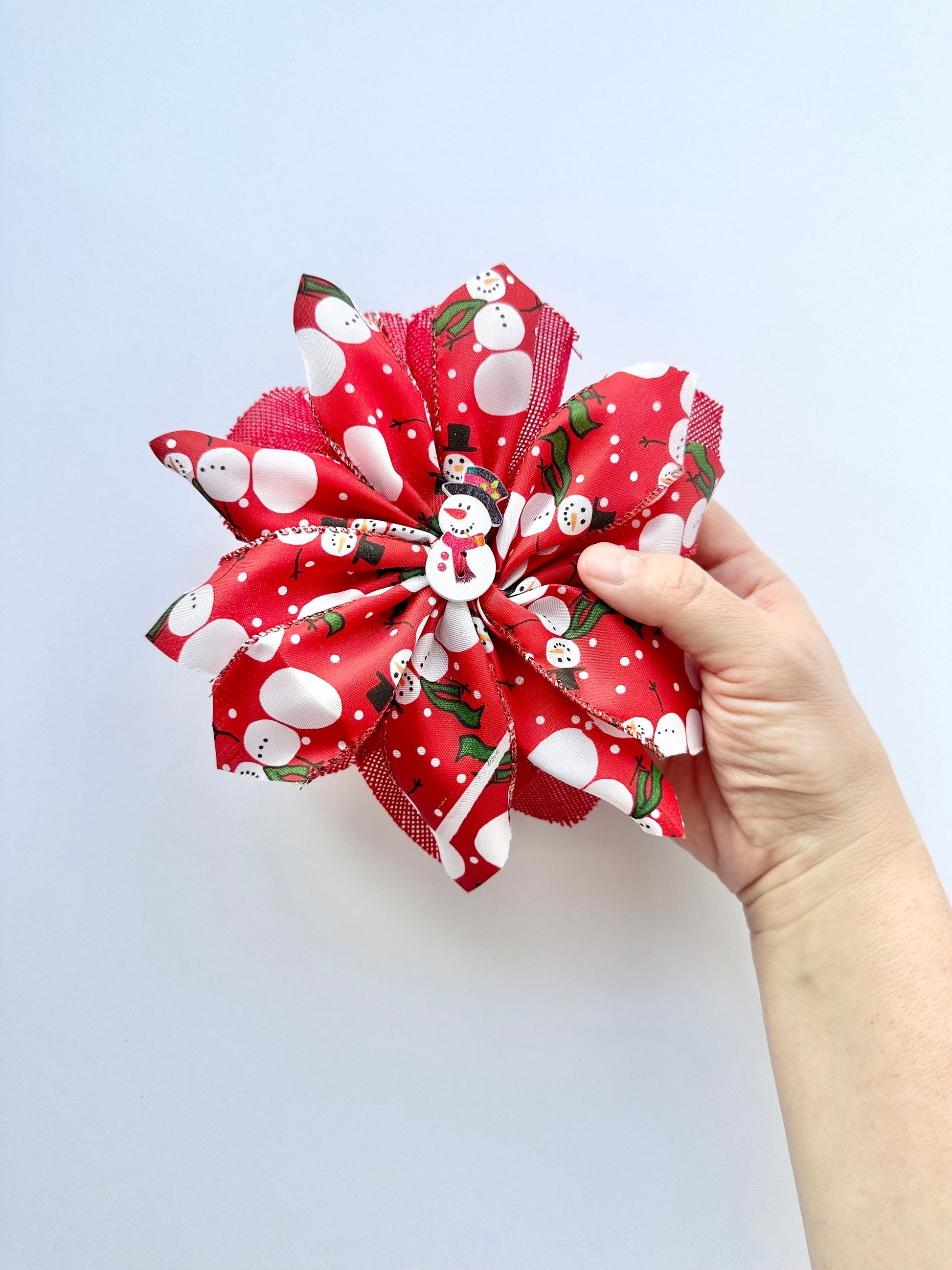 Handmade Red Snowman Hair Bow – Festive, Wired Ribbon & Christmas Charm