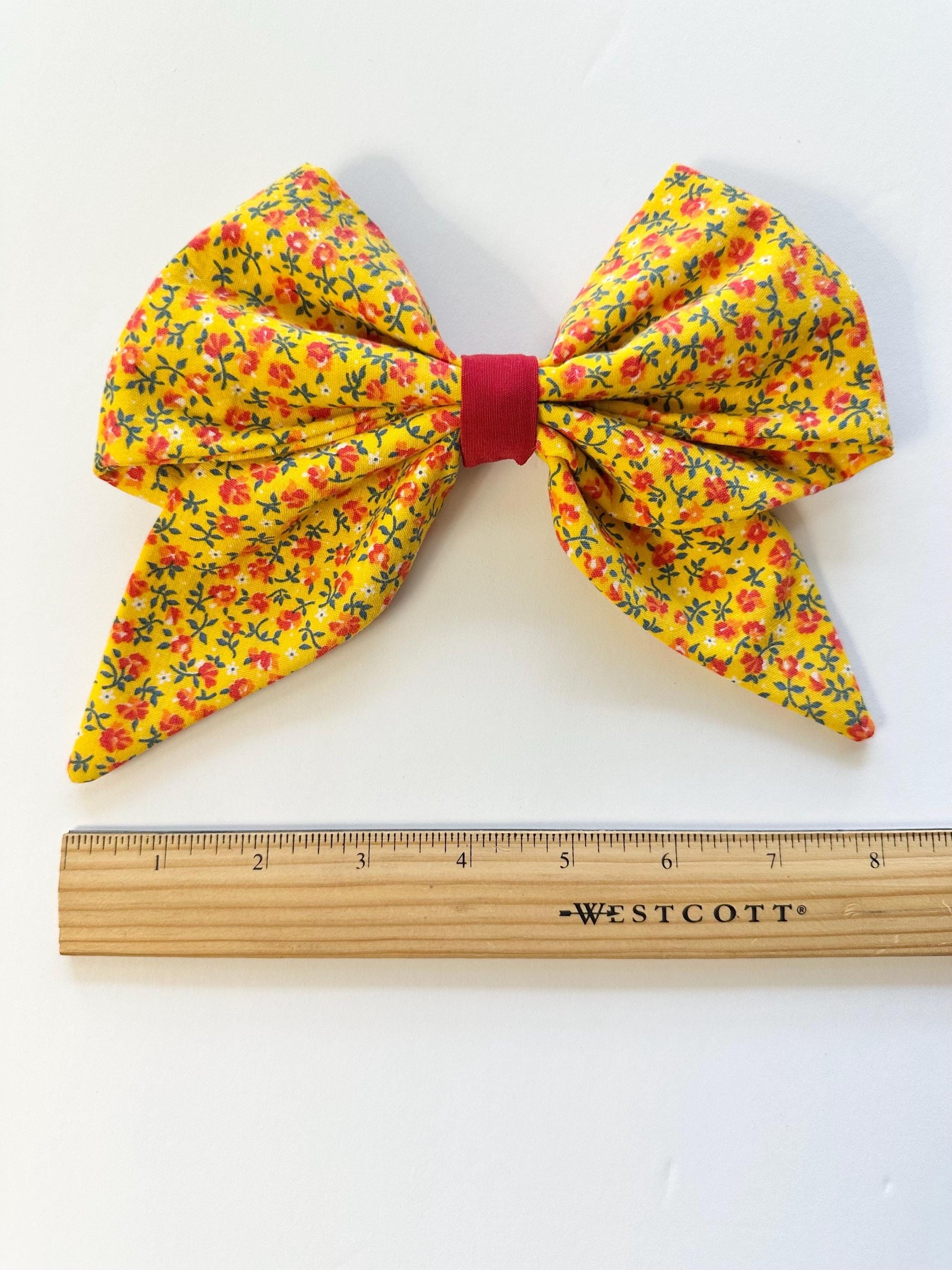 Yellow 8 inch Cotton Floral Print Hair Bow with Tails - Alligator Clip Attachment