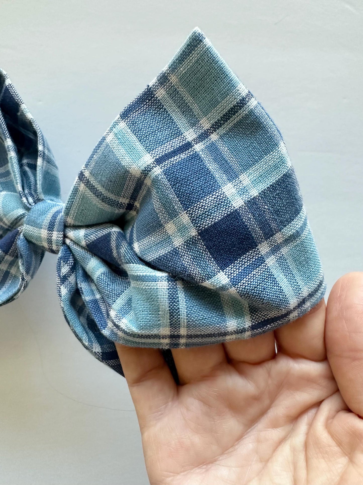 Blue Plaid Handmade Bow with Tails and Alligator Clip Attachment