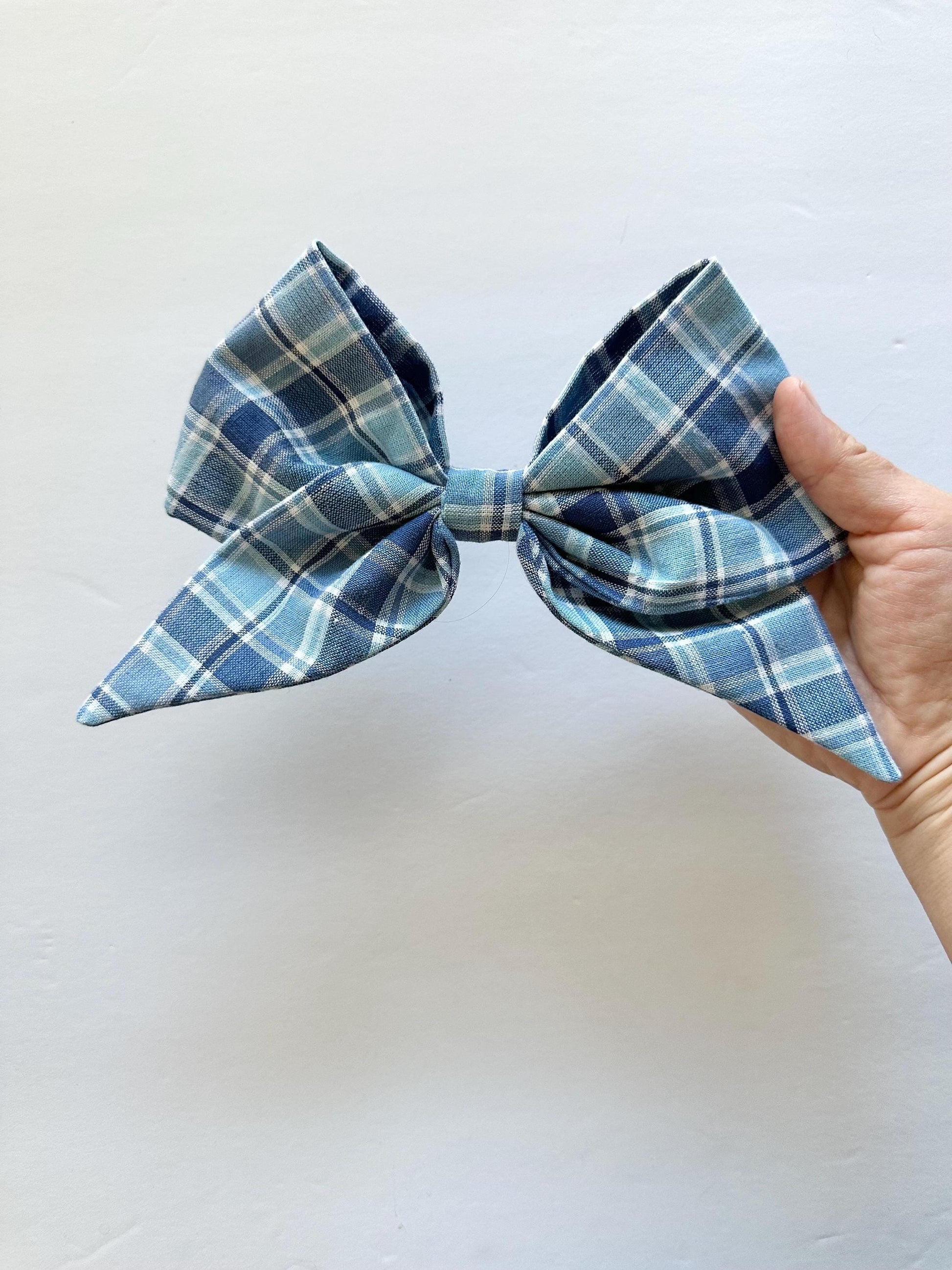 Blue Plaid Handmade Bow with Tails and Alligator Clip Attachment