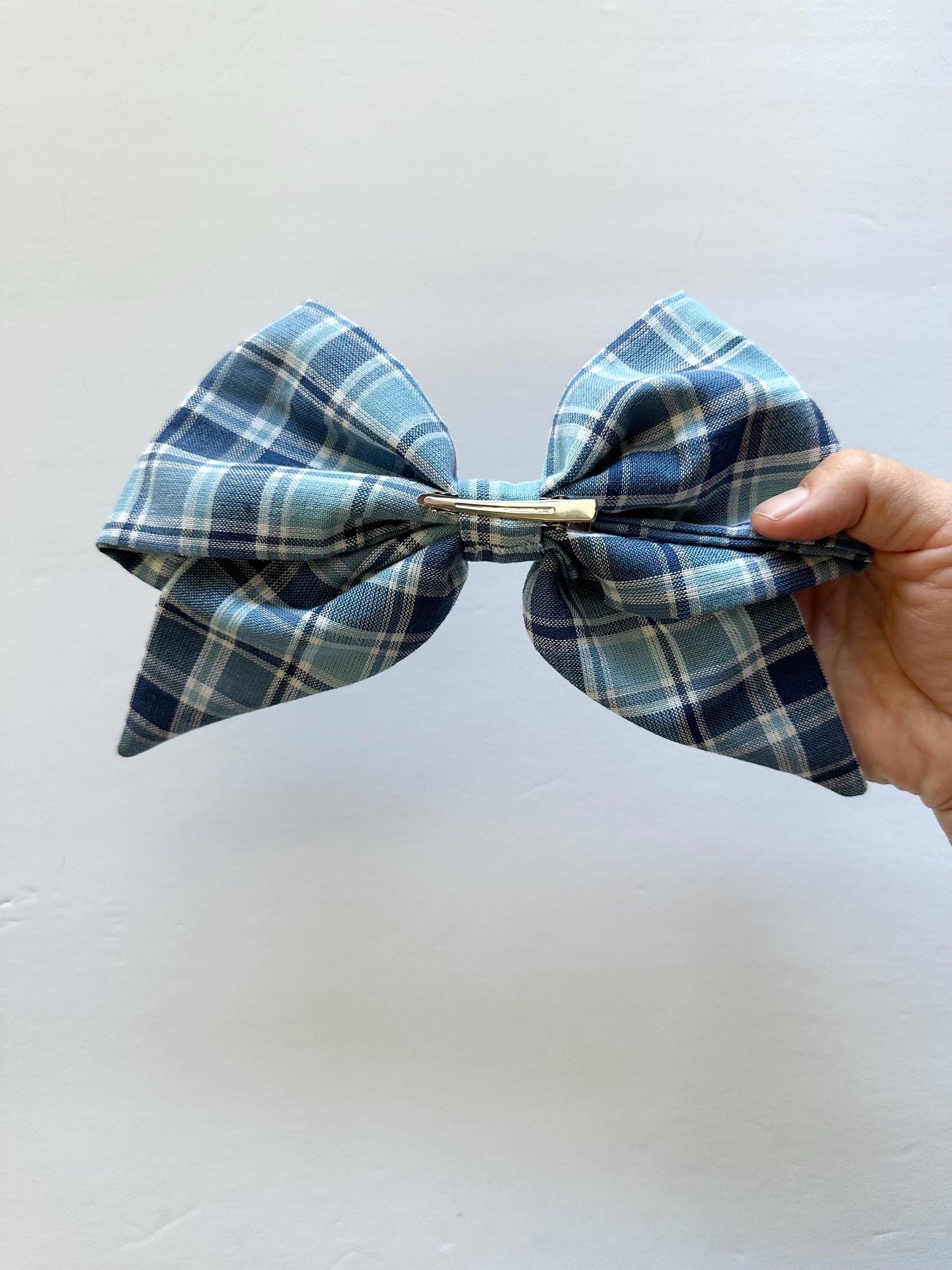 Blue Plaid Handmade Bow with Tails and Alligator Clip Attachment