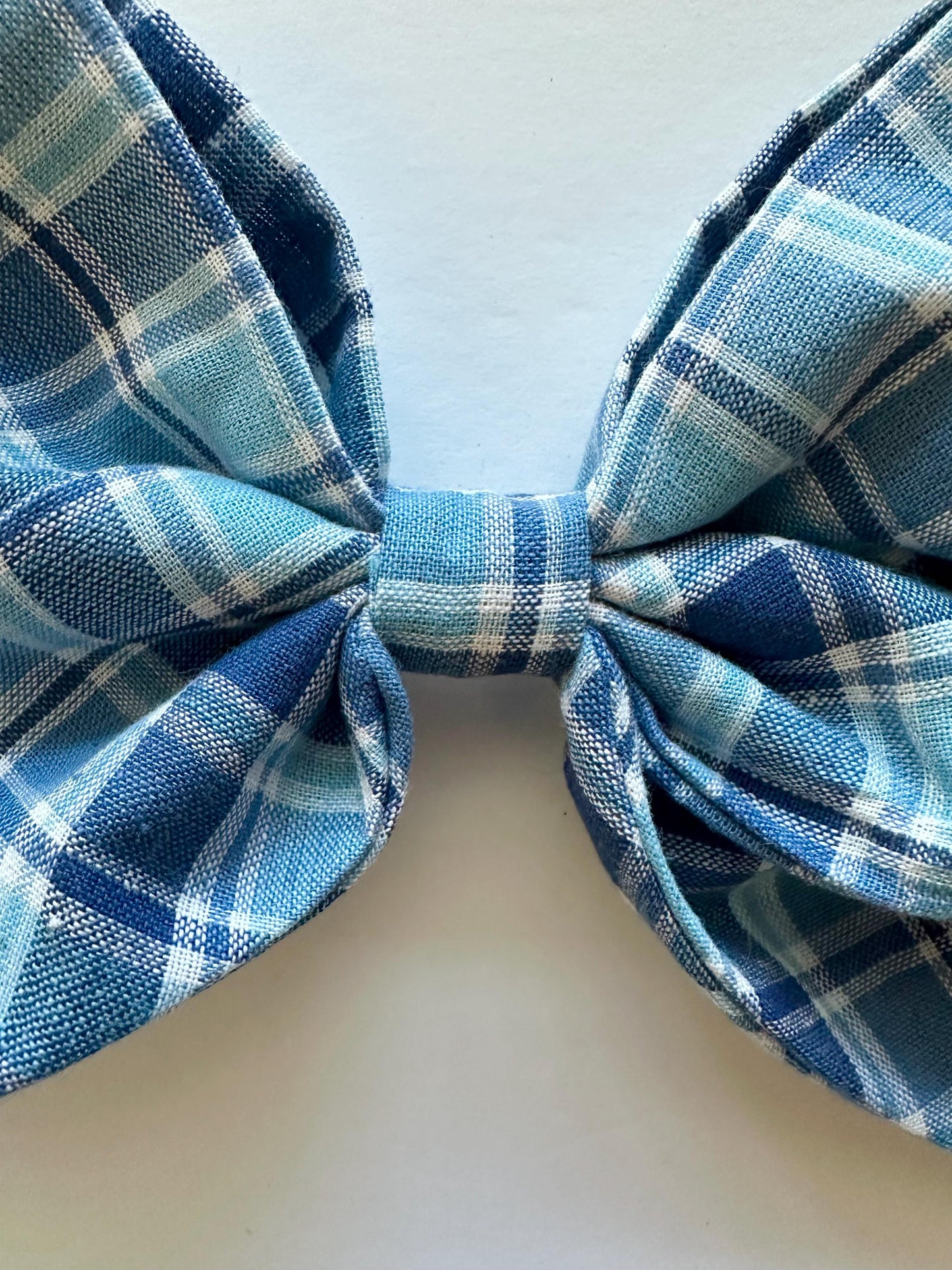 Blue Plaid Handmade Bow with Tails and Alligator Clip Attachment