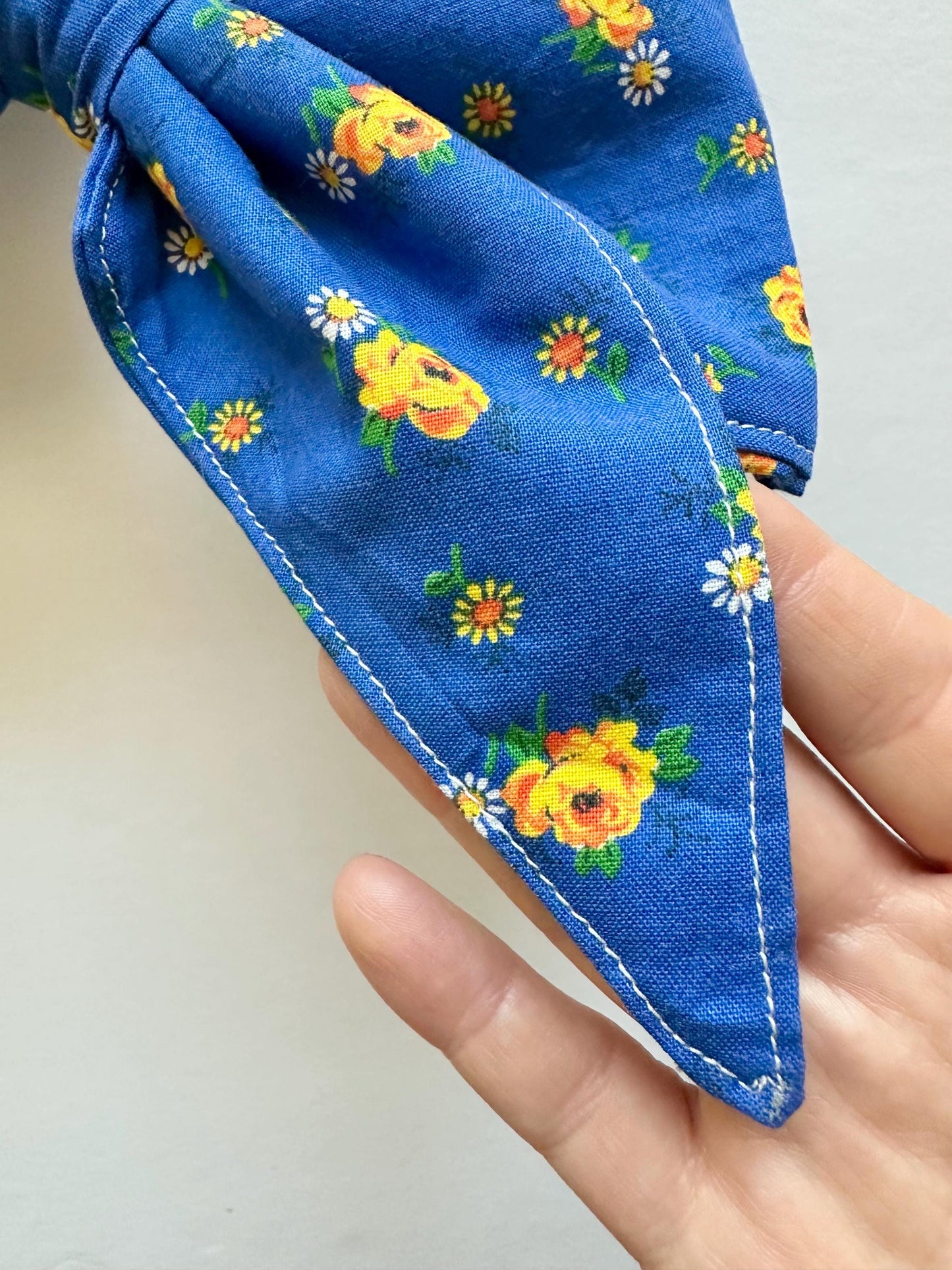 Blue with Yellow Flowers Hair Bow with Tails and Alligator Clip Attachment