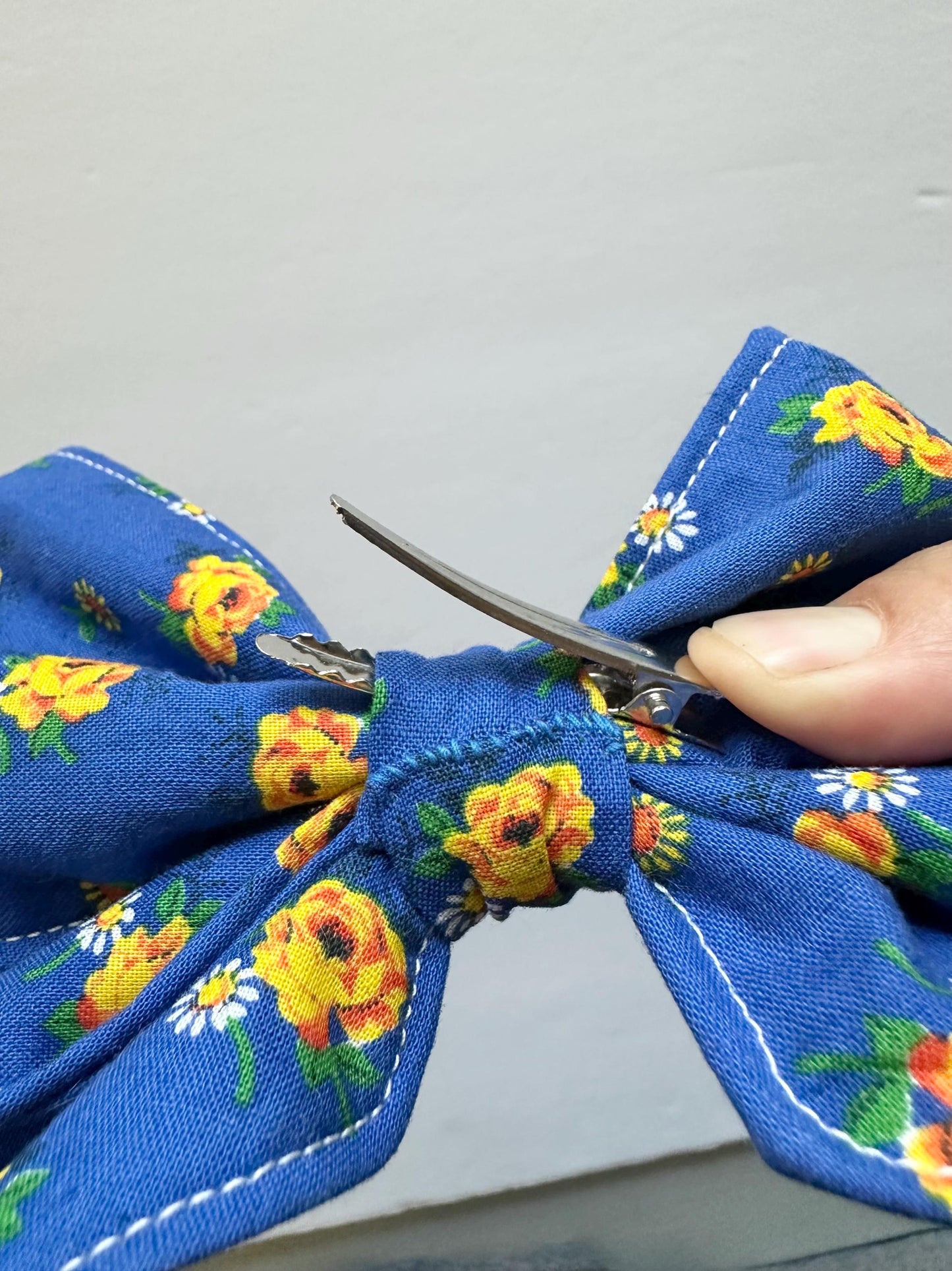 Blue with Yellow Flowers Hair Bow with Tails and Alligator Clip Attachment