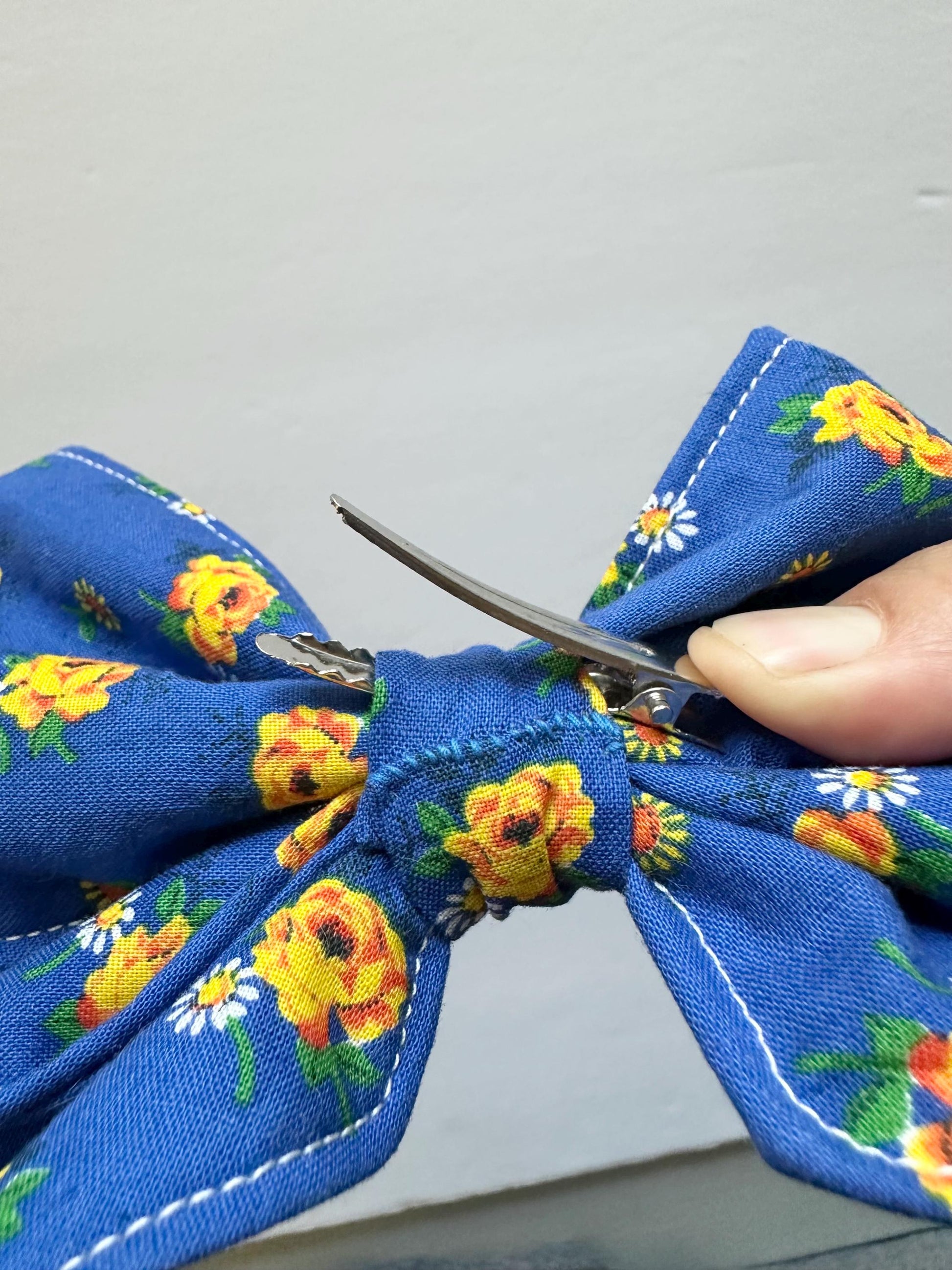 Blue with Yellow Flowers Hair Bow with Tails and Alligator Clip Attachment