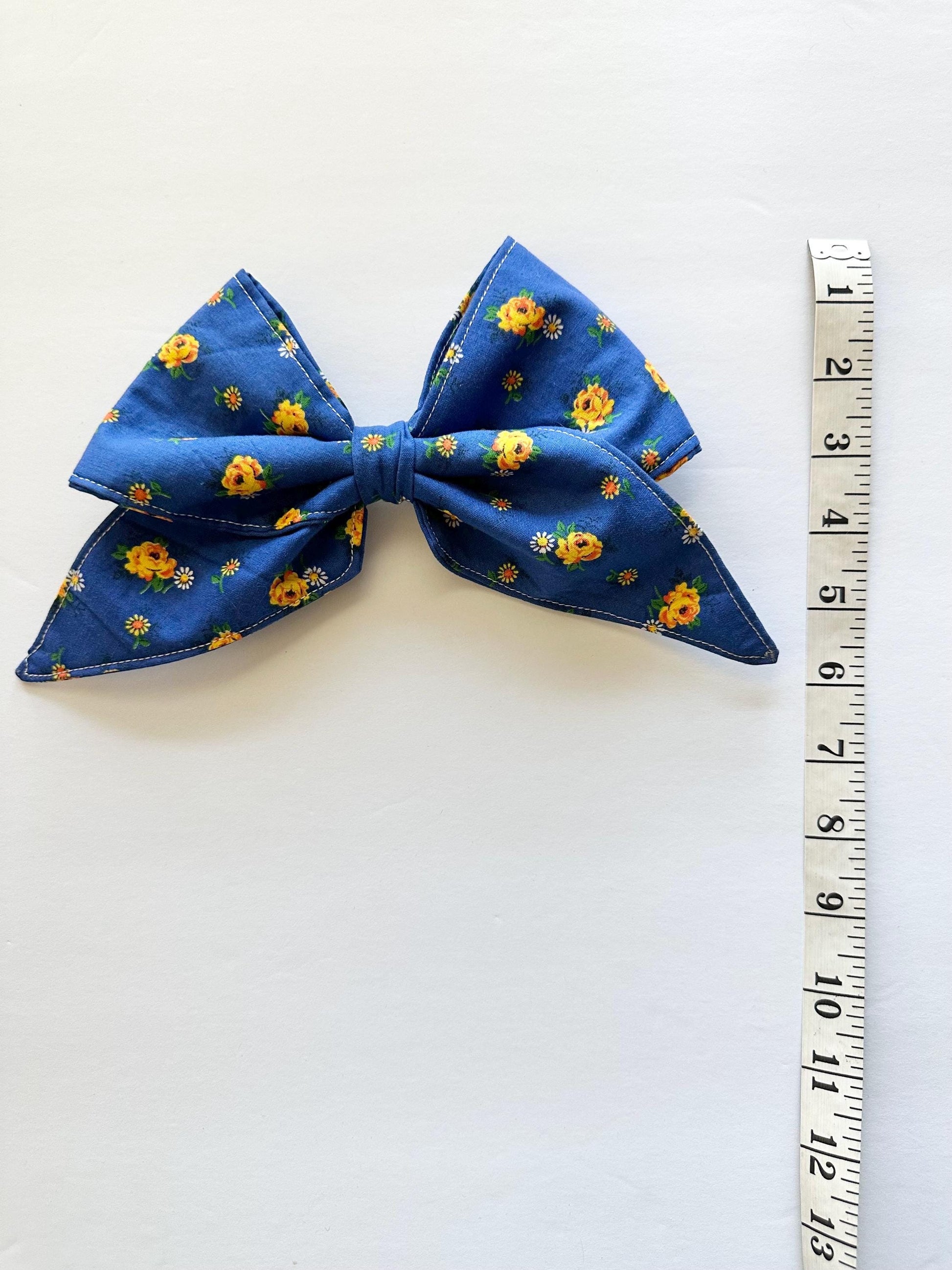 Blue with Yellow Flowers Hair Bow with Tails and Alligator Clip Attachment