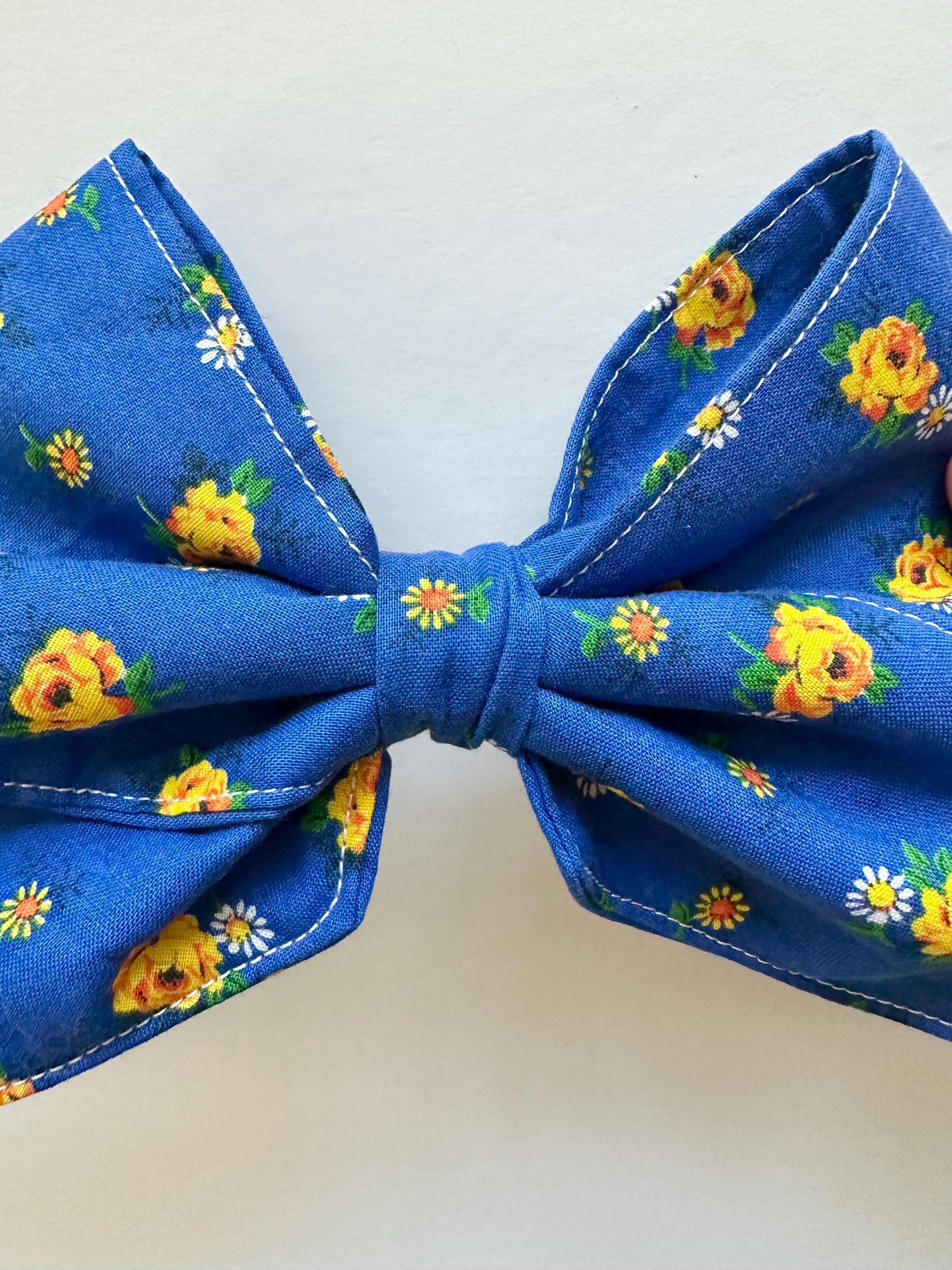 Blue with Yellow Flowers Hair Bow with Tails and Alligator Clip Attachment