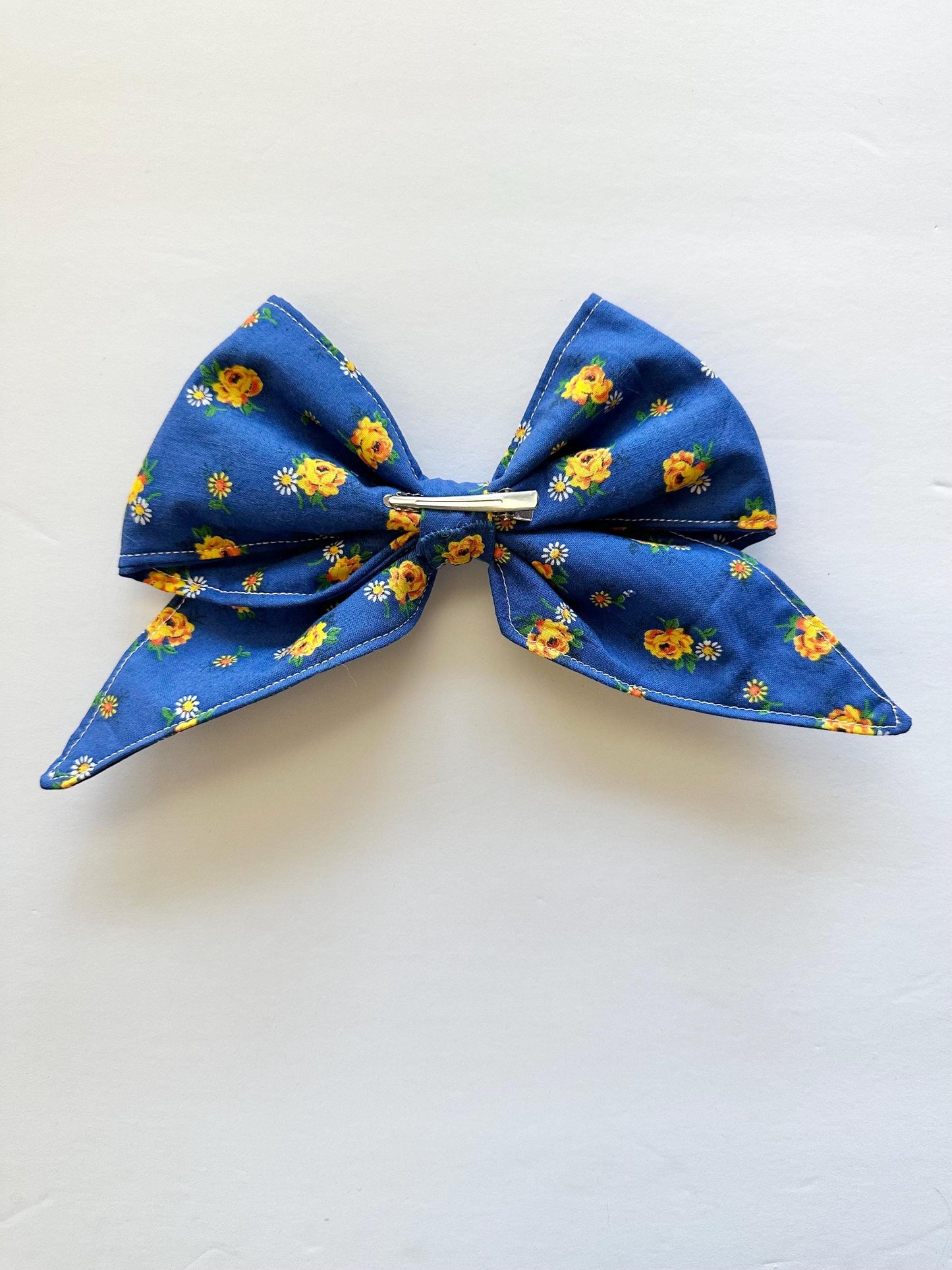 Blue with Yellow Flowers Hair Bow with Tails and Alligator Clip Attachment