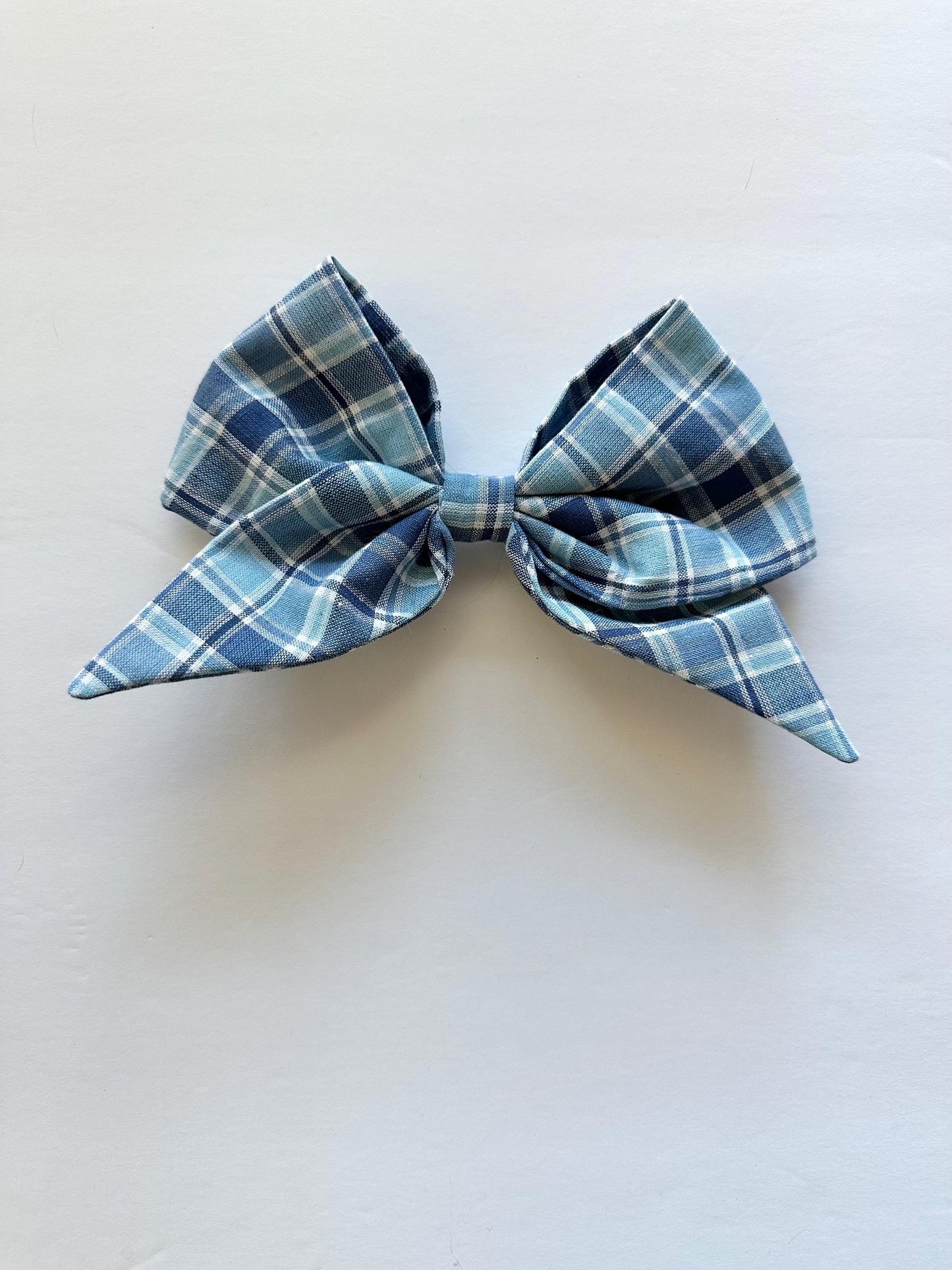 Blue Plaid Handmade Bow with Tails and Alligator Clip Attachment