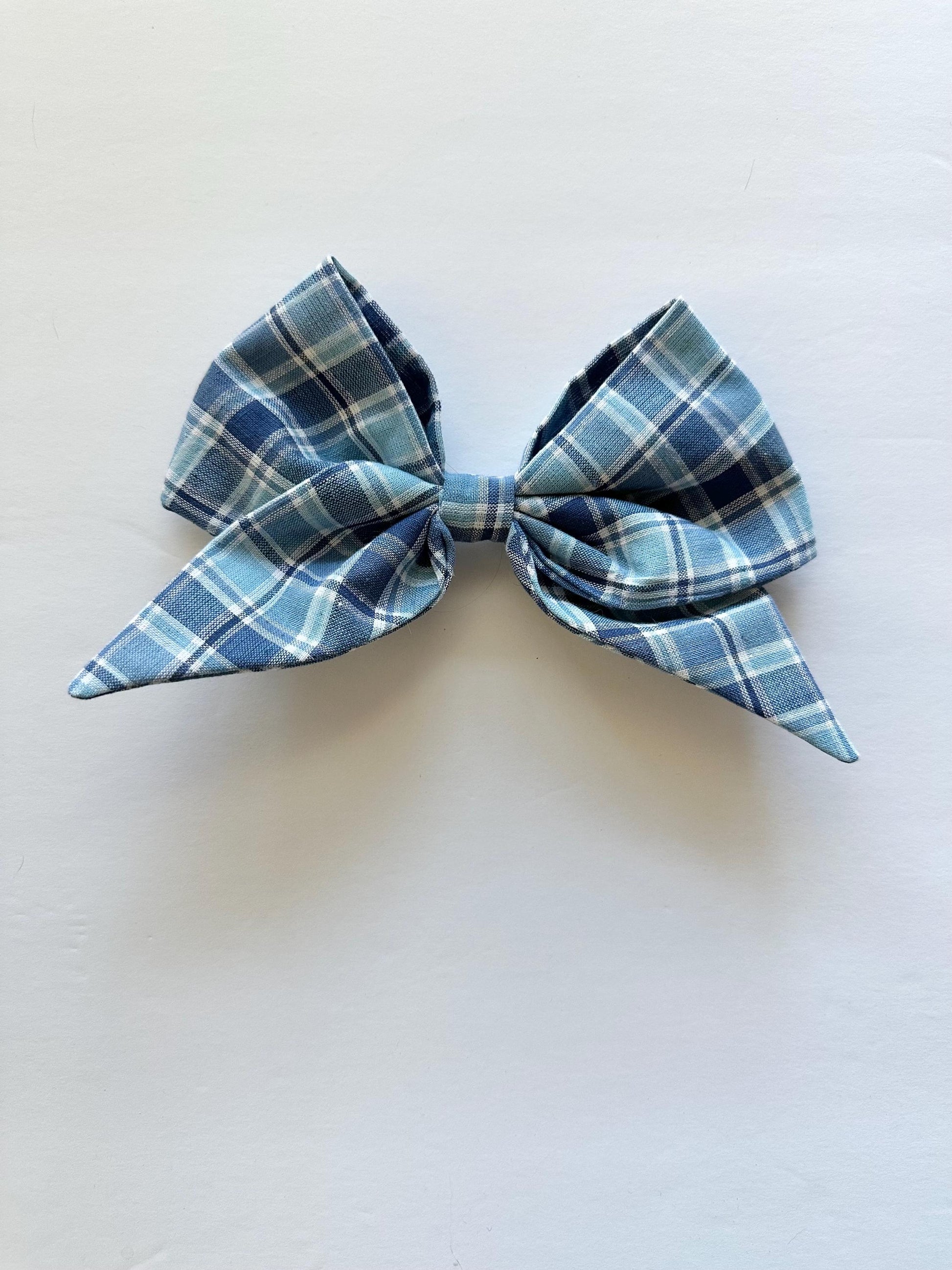 Blue Plaid Handmade Bow with Tails and Alligator Clip Attachment