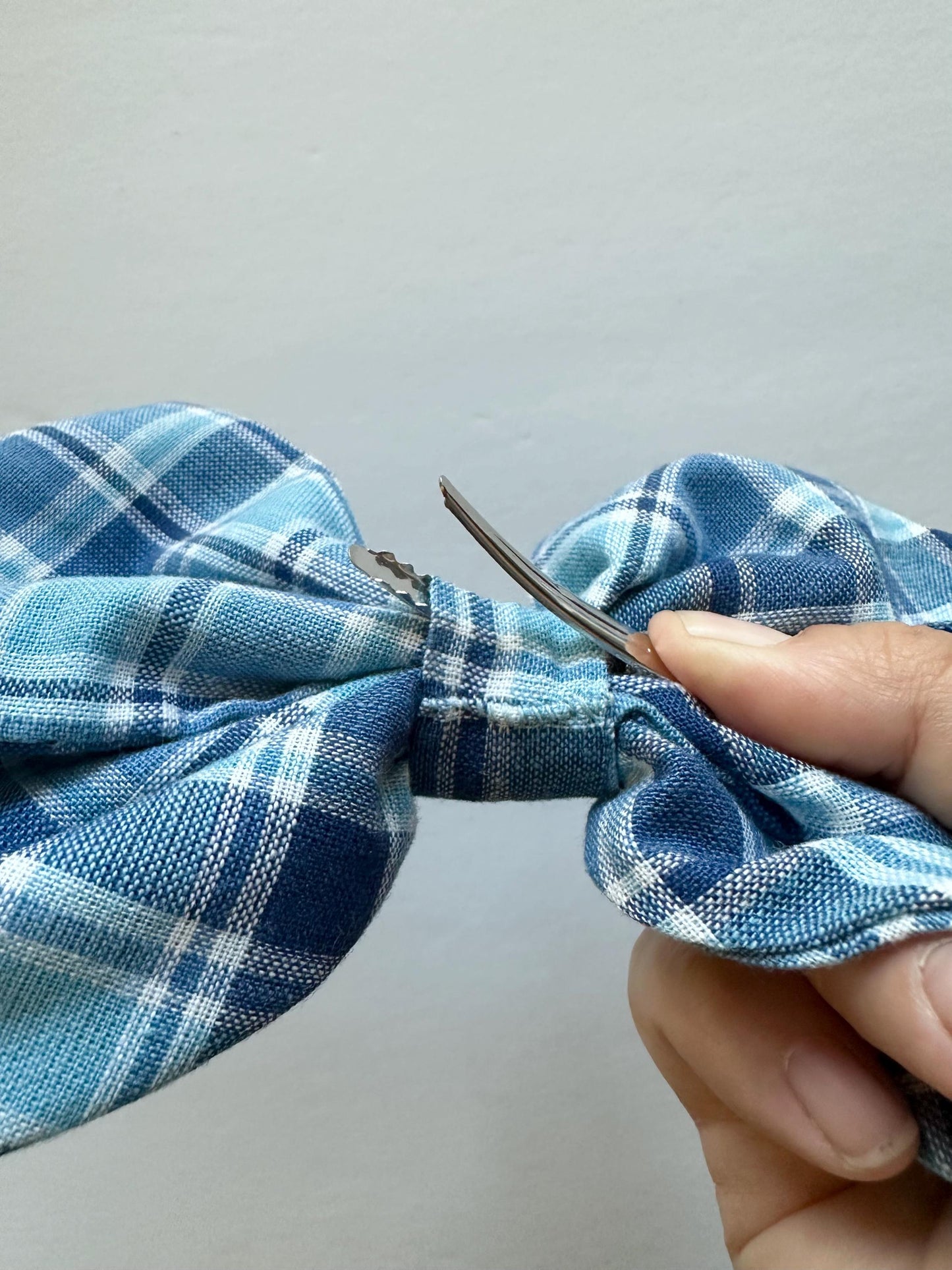 Blue Plaid Handmade Bow with Tails and Alligator Clip Attachment