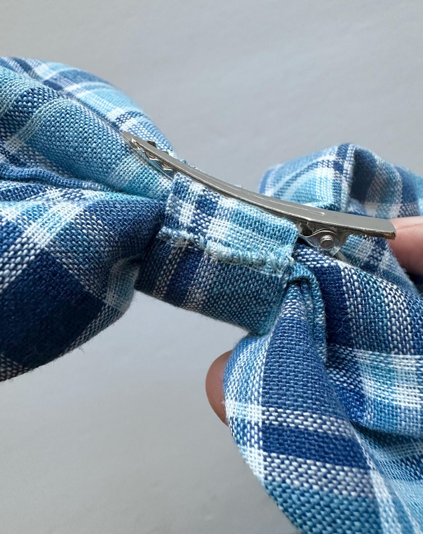 Blue Plaid Handmade Bow with Tails and Alligator Clip Attachment