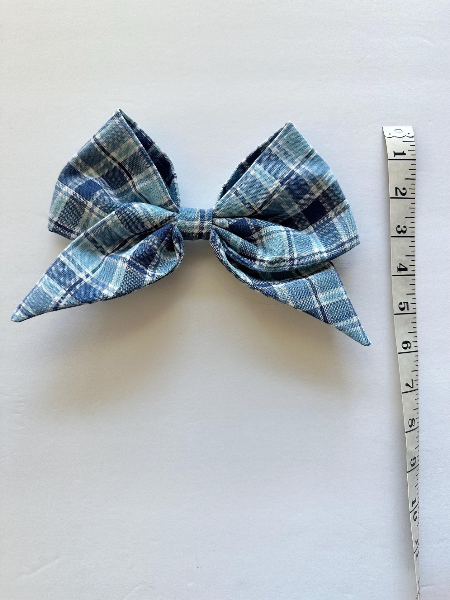 Blue Plaid Handmade Bow with Tails and Alligator Clip Attachment