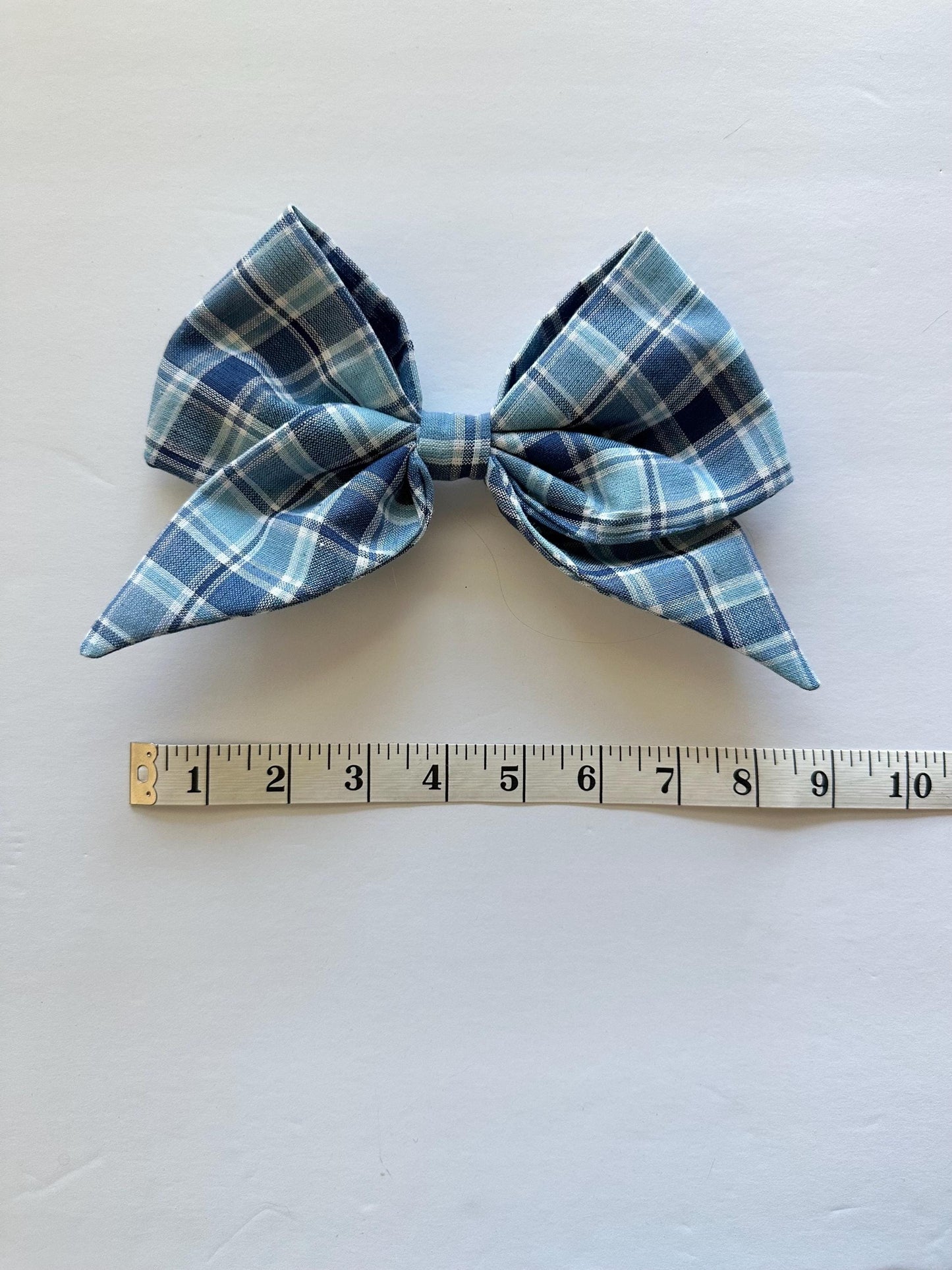 Blue Plaid Handmade Bow with Tails and Alligator Clip Attachment