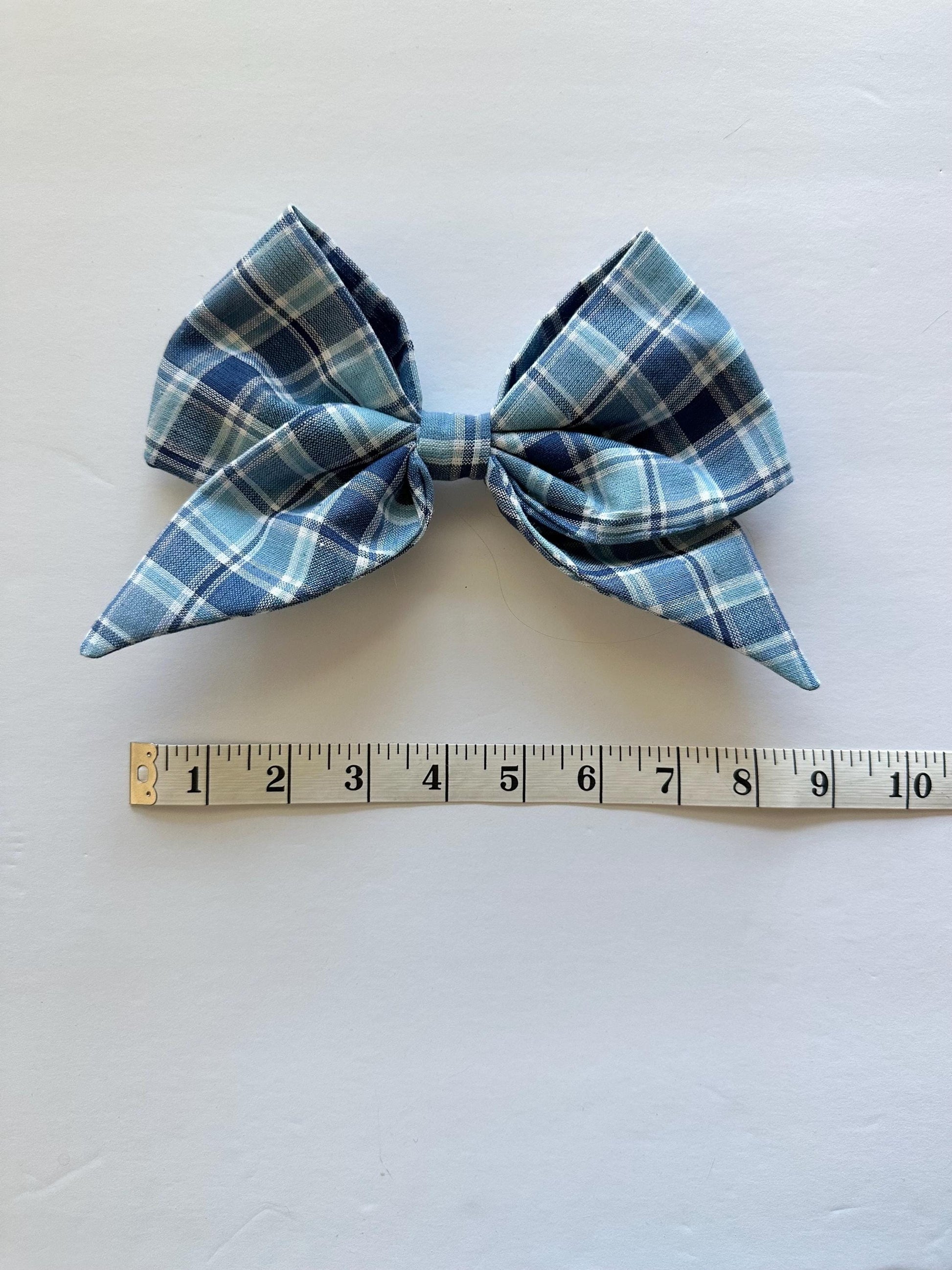 Blue Plaid Handmade Bow with Tails and Alligator Clip Attachment