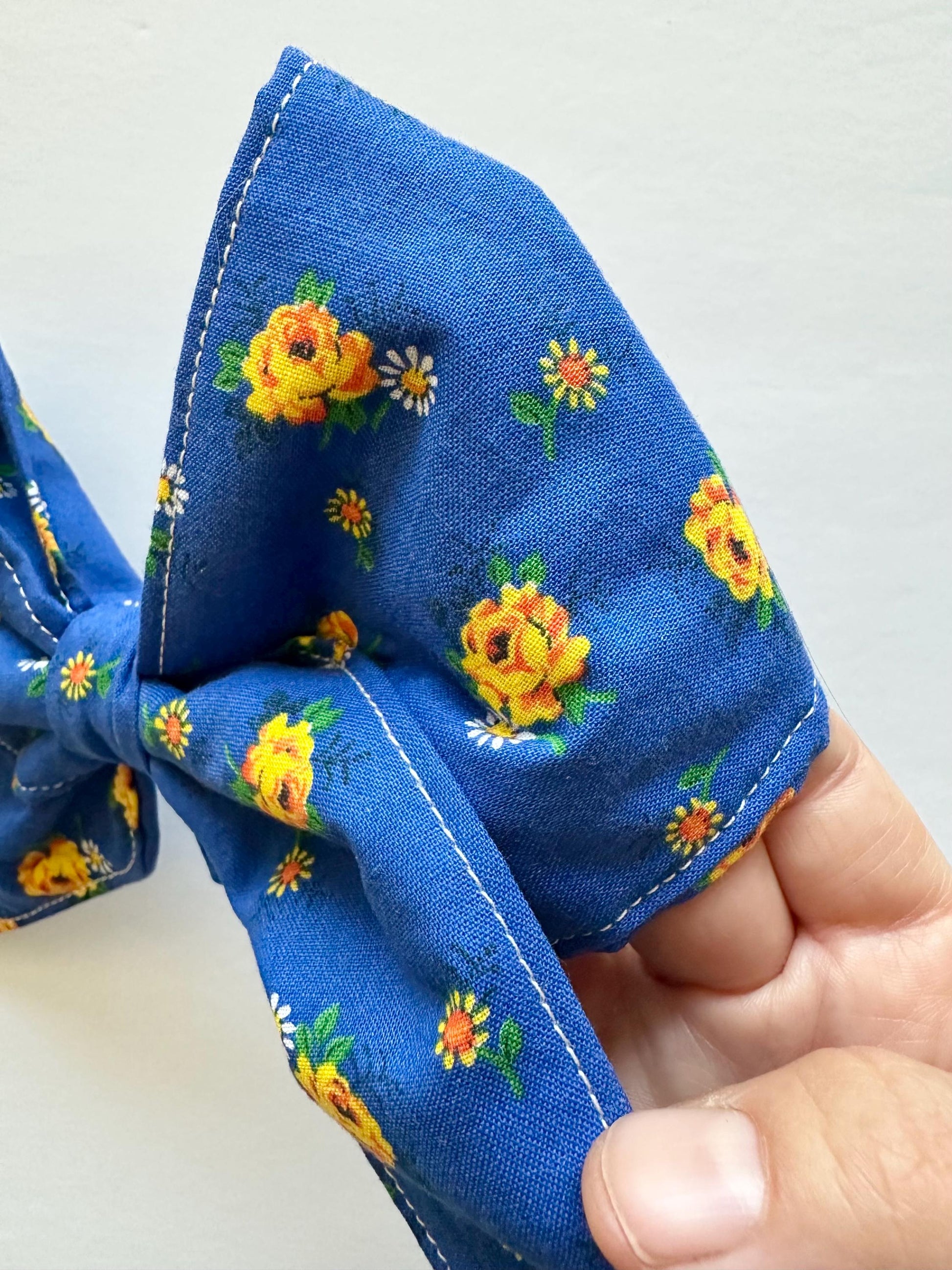 Blue with Yellow Flowers Hair Bow with Tails and Alligator Clip Attachment