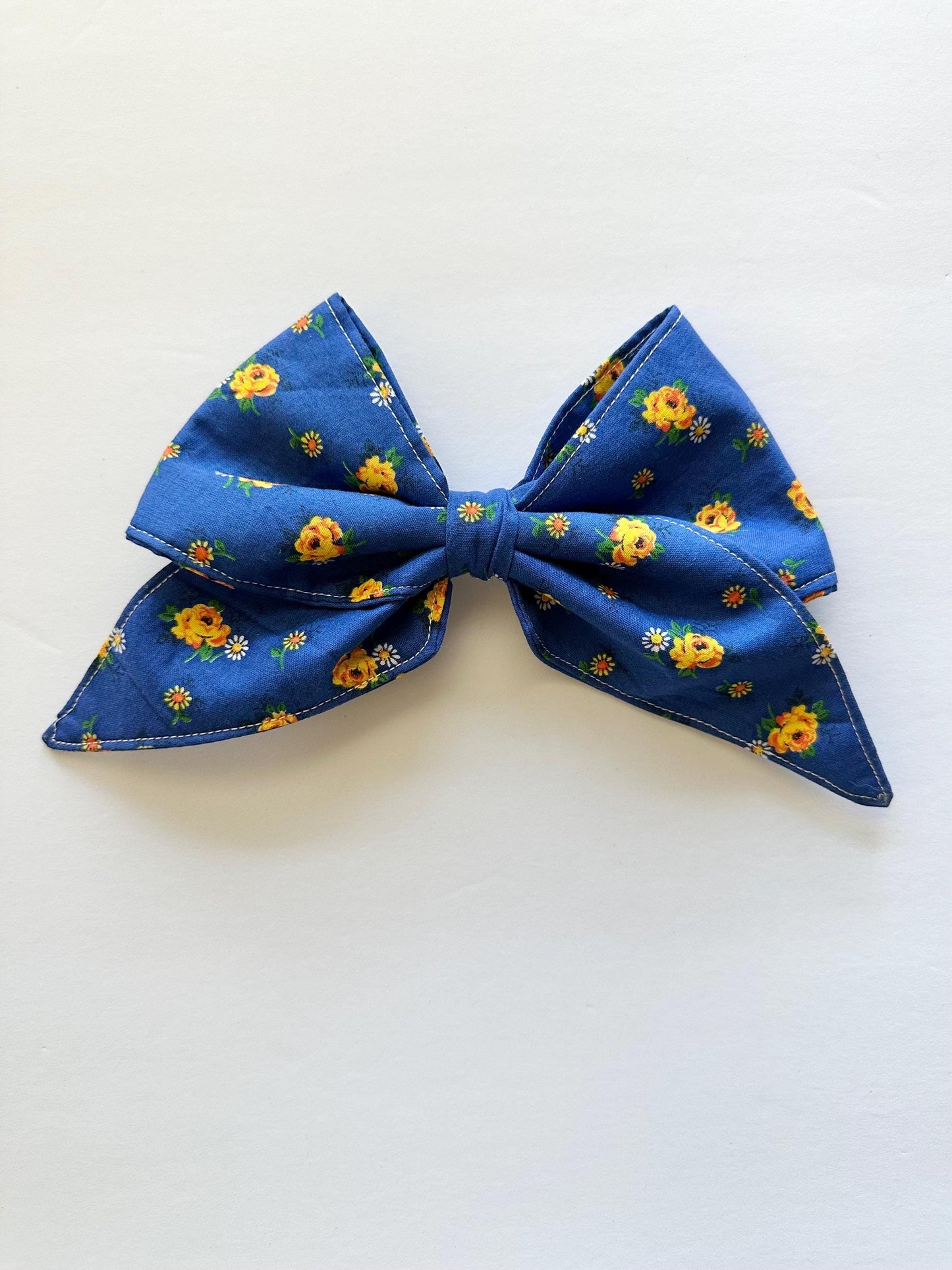 Blue with Yellow Flowers Hair Bow with Tails and Alligator Clip Attachment